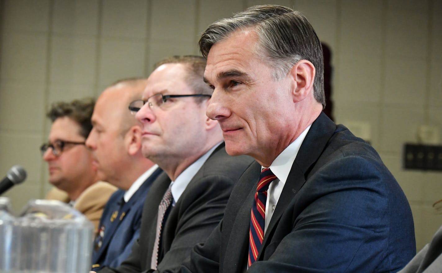 Steve Hunegs, JCRC Executive Director, St Paul Police Chief Todd Axtell, Richard Thornton, Special Agent in Charge, FBI, Greg Brooker, Acting U.S. Attorney, MN, spoke to the media before meeting with the community. L to R