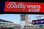 Signage for Bally Sports North is viewed before a baseball game between the Minnesota Twins and Houston Astros, Friday, April 7, 2023, in Minneapolis.