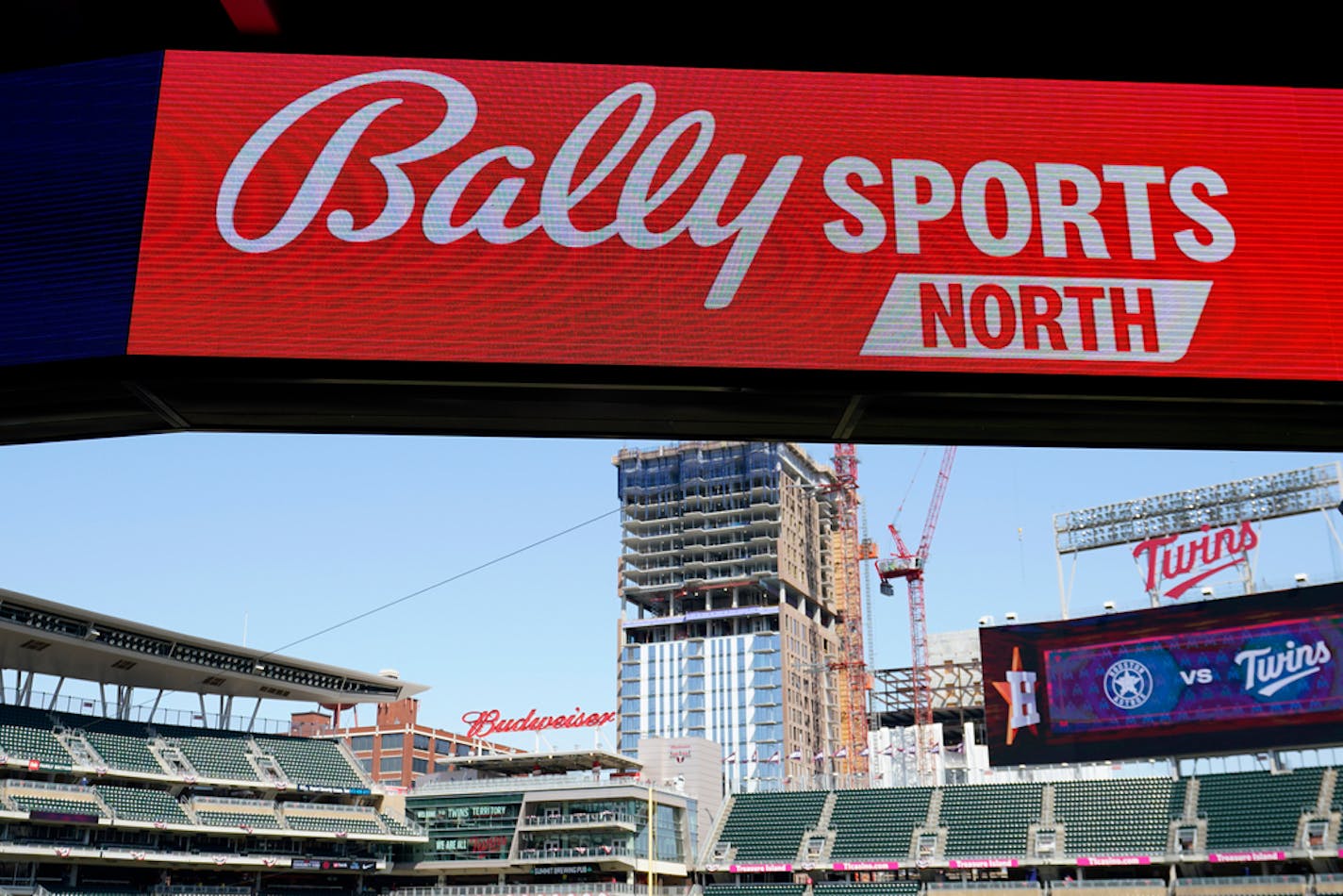 Signage for Bally Sports North is viewed before a baseball game between the Minnesota Twins and Houston Astros, Friday, April 7, 2023, in Minneapolis. (AP Photo/Abbie Parr)