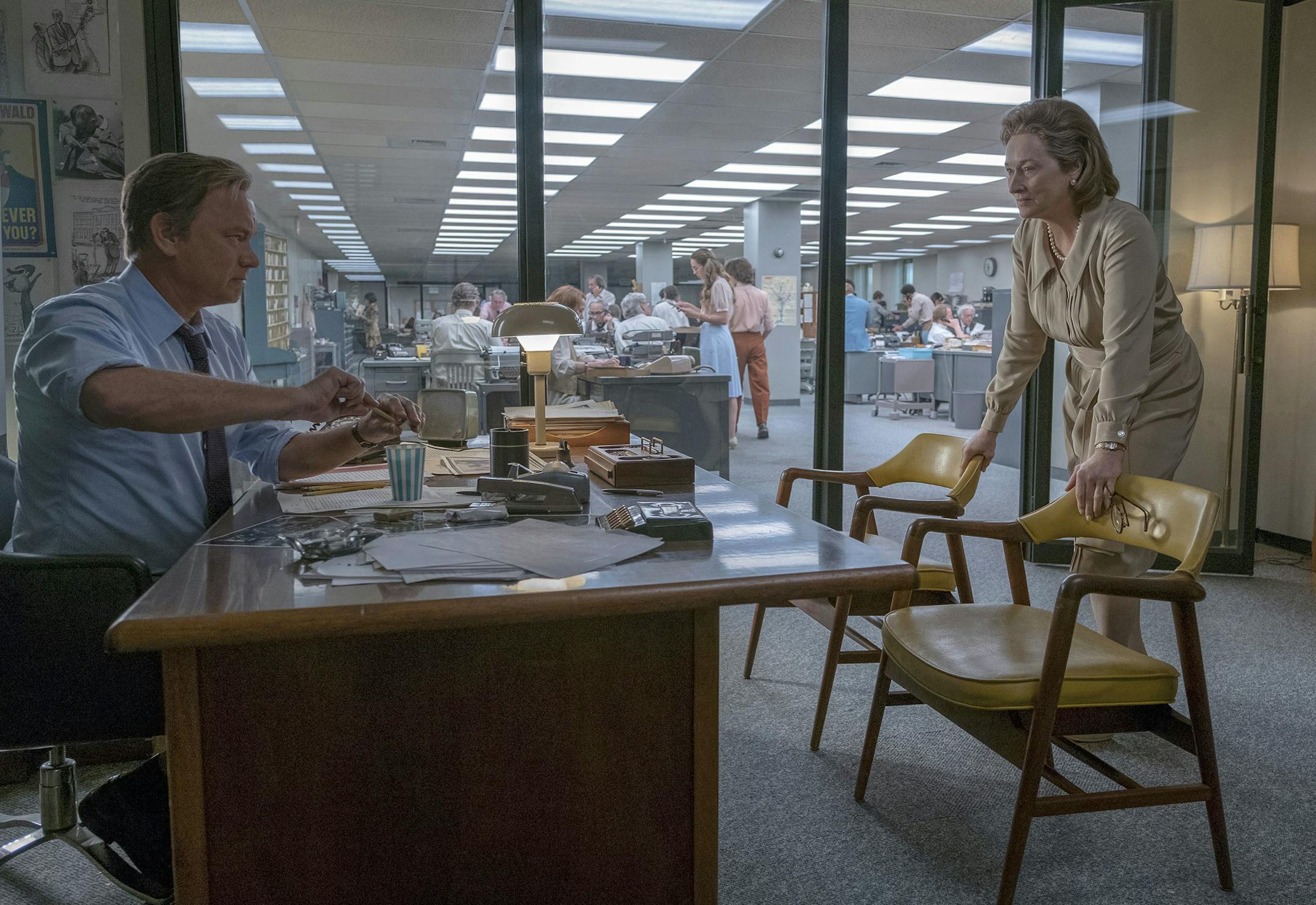 In this image released by 20th Century Fox, Tom Hanks portrays Ben Bradlee, left, and Meryl Streep portrays Katharine Graham in a scene from "The Post." Nominations for the 75th annual Golden Globes will be announced on Monday, Dec. 11, 2017. (Niko Tavernise/20th Century Fox via AP)