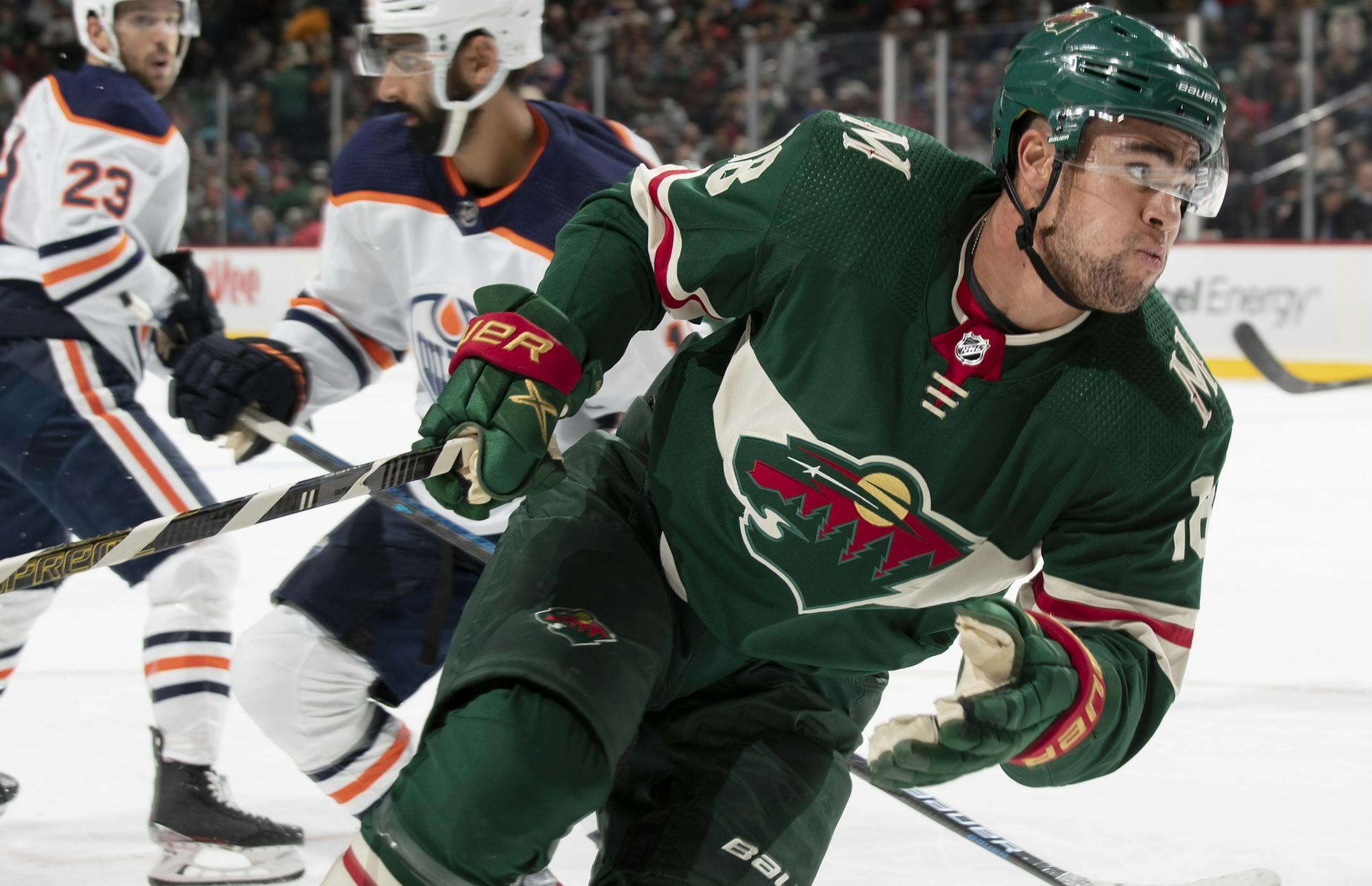 Jordan Greenway of the Minnesota Wild in the first period. ] CARLOS GONZALEZ • cgonzalez@startribune.com – St. Paul, MN – October 22, 2019, Xcel Energy Center, NHL, Hockey, Minnesota Wild vs. Edmonton Oilers