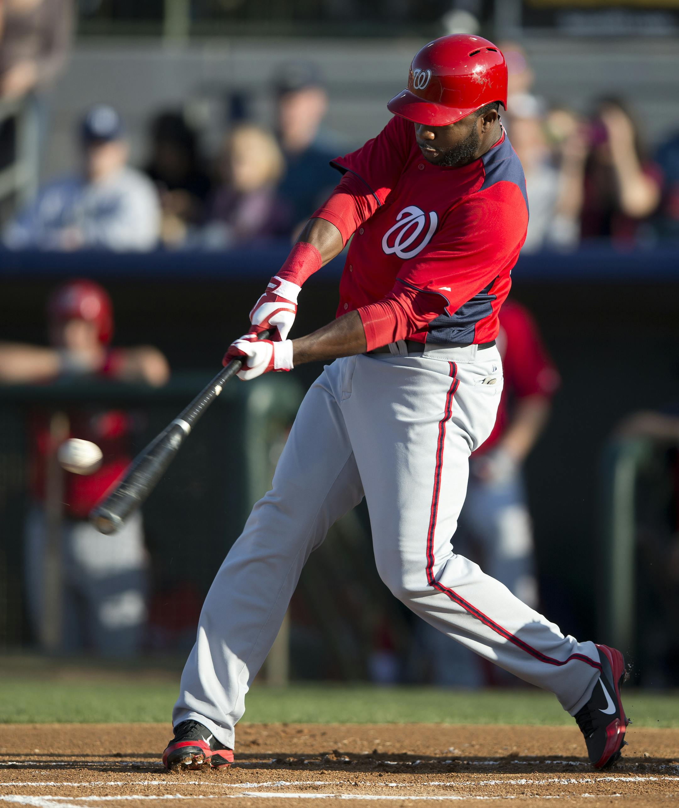 Washington Nationals Denard Span bats during the first inning of an exhibition spring training baseball game against the Houston Astros on Monday, March 25, 2013, in Kissimmee, Fla. (AP Photo/Evan Vucci)