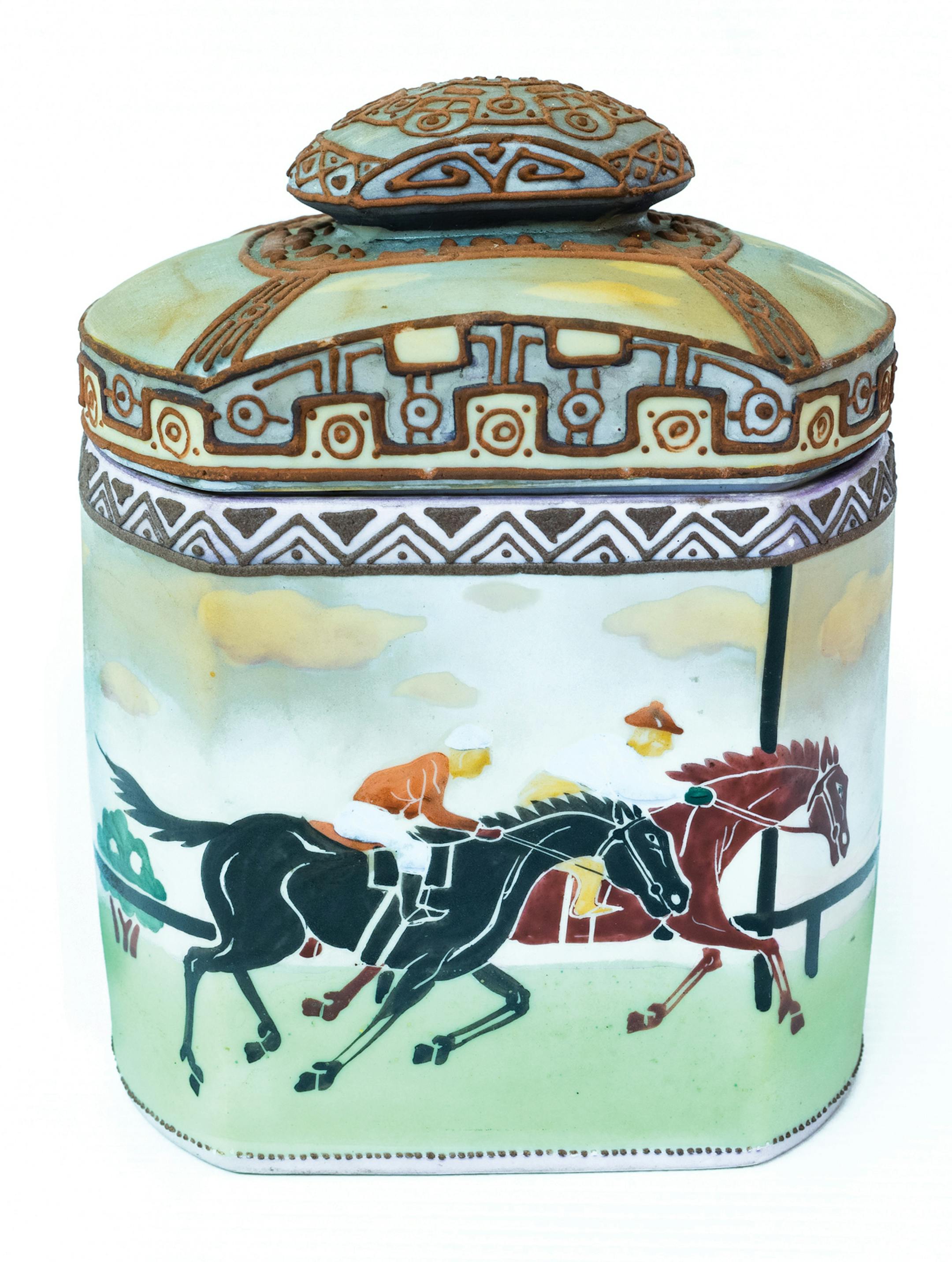 Although this humidor is called "Kentucky Derby," it may not be an official souvenir of a derby, just a decorative piece made in Japan. It auctioned for $130 at an online sale of Nippon china by the Harritt Group of Indiana. by Cowles Syndicate