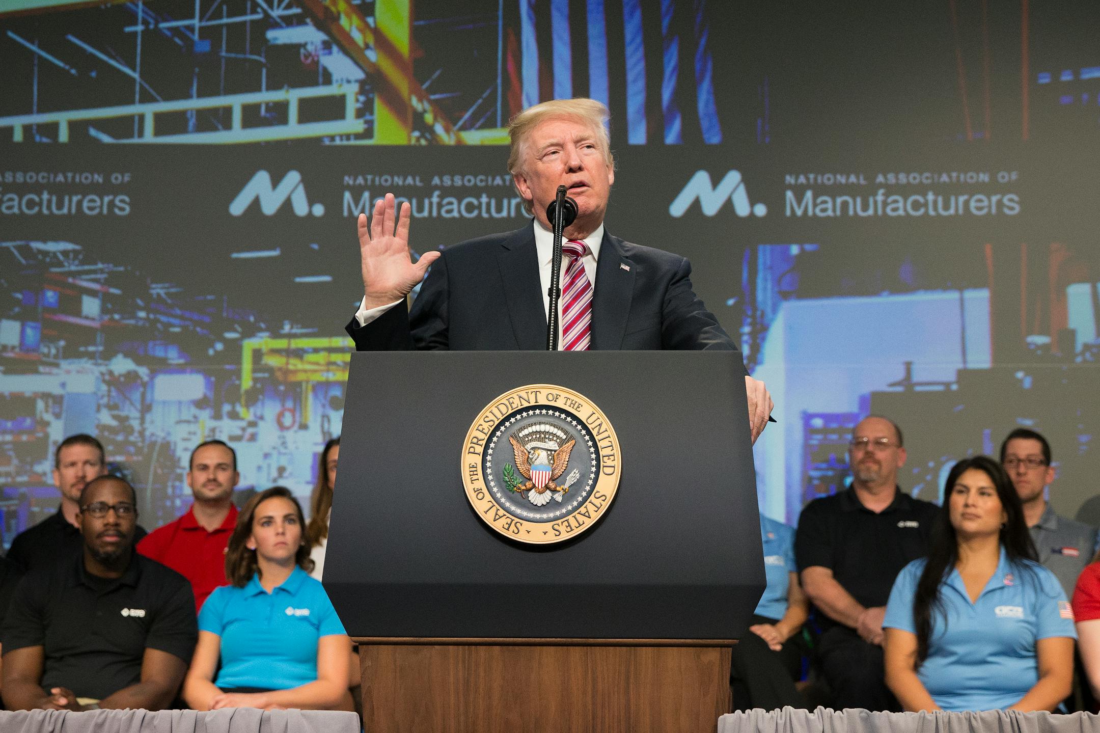 President Donald Trump speaks to the National Association of Manufactures at the Mandarin Oriental hotel in Washington, Sept. 27, 2017. Trump pushed his new tax reform plan at the event.