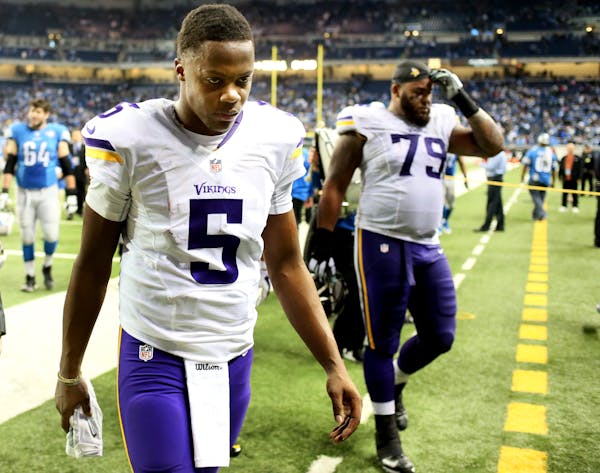 Minnesota Vikings quarterback Teddy Bridgewater (5) walked off the field after his team loss to Detroit 16-14 at Ford Field last December.