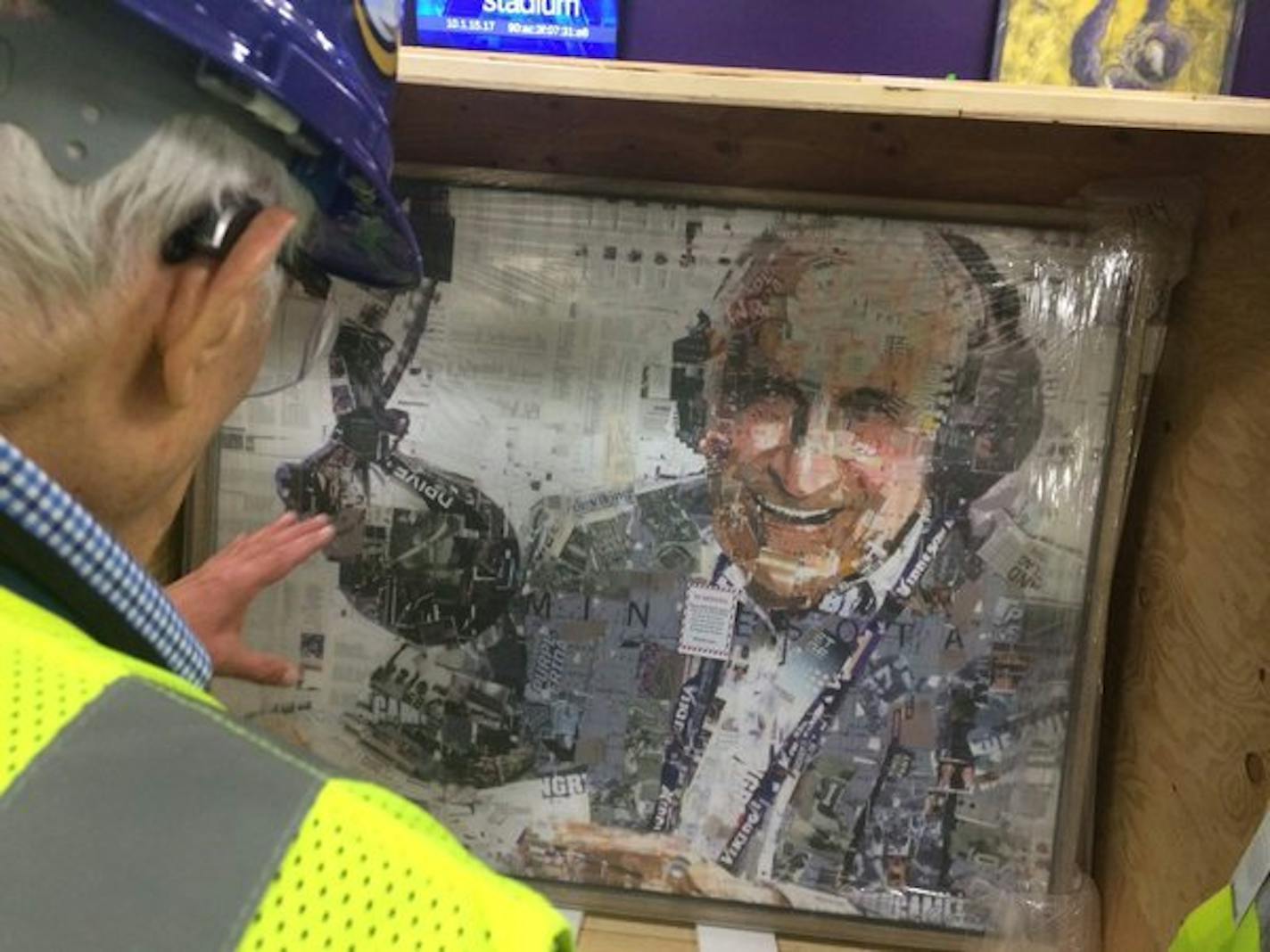 Sid Hartman checks out his image during a tour of U.S. Bank Stadium on Tuesday.