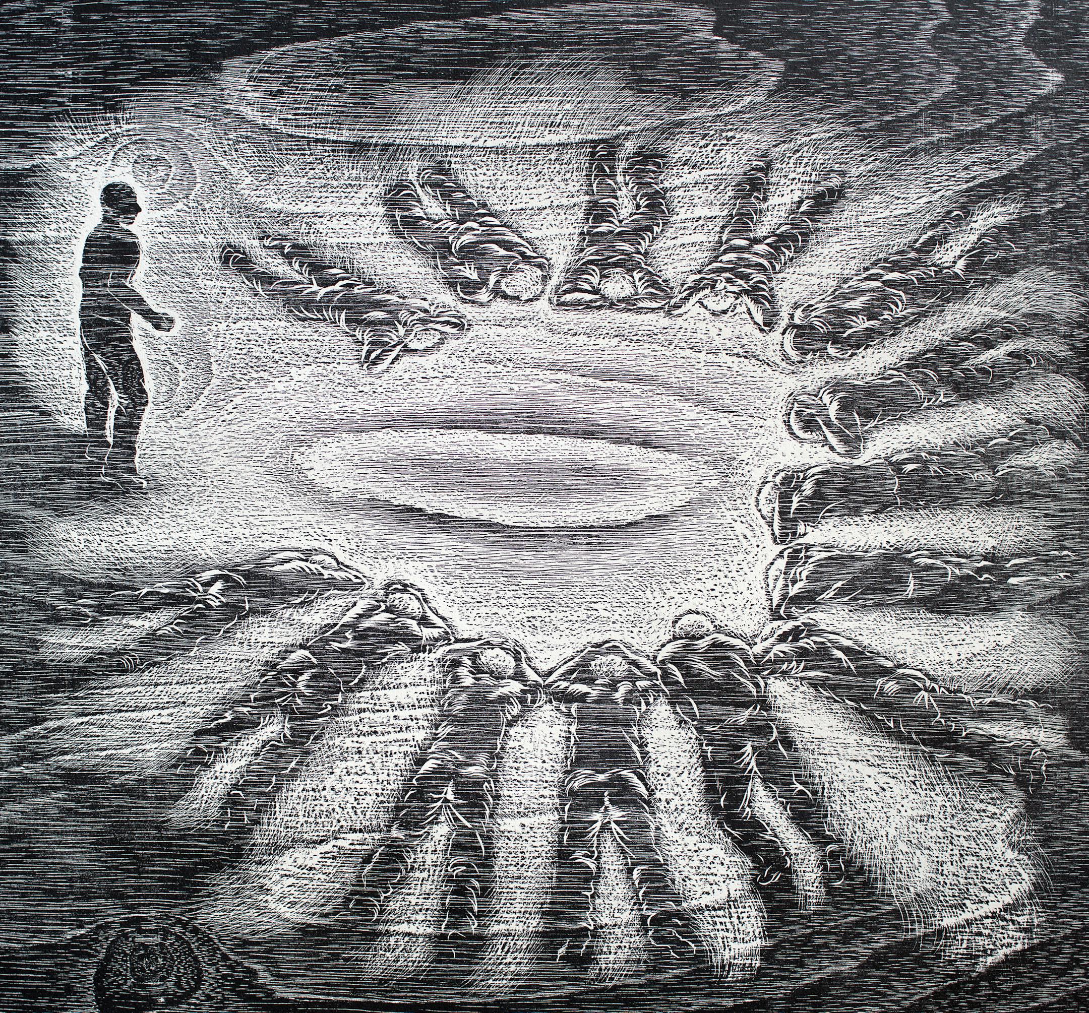 Mercedes LÛpez Calvo, "Circulo de Sombras," woodcut, 2012. Provided by Highpoint Center for Printmaking