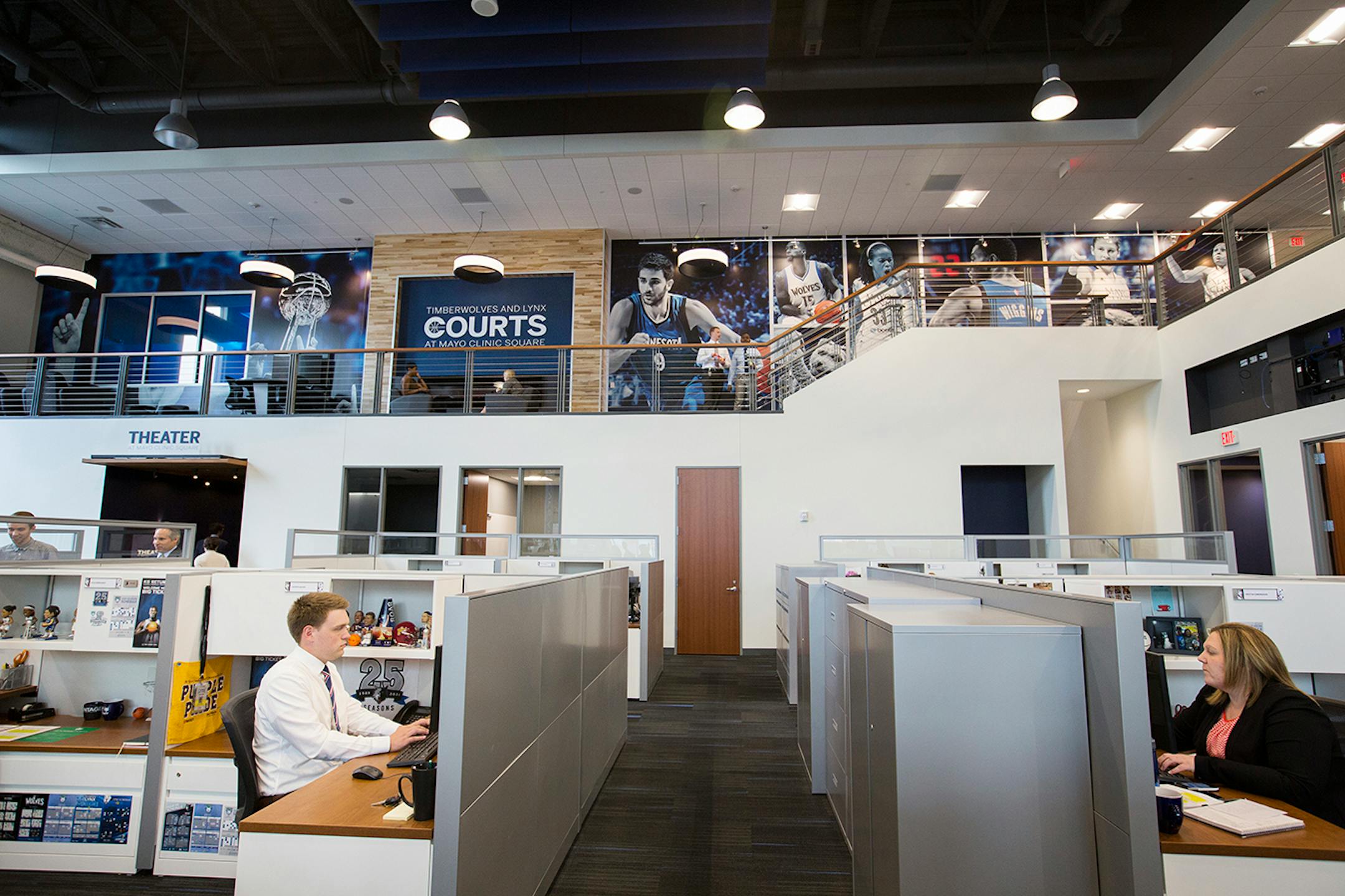 Staff work inside the new offices for the Timberwolves and Lynx during the grand opening event at the Timberwolves and Lynx Courts at Mayo Clinic Square in downtown Minneapolis on Wednesday, June 17, 2015.