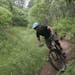 Aaron Hautala of Cuyuna, president of the Cuyuna Lakes Mountain Bike Crew, the local club, navigates a trail. Behind him is Jim McCarvill, 64, of Rich