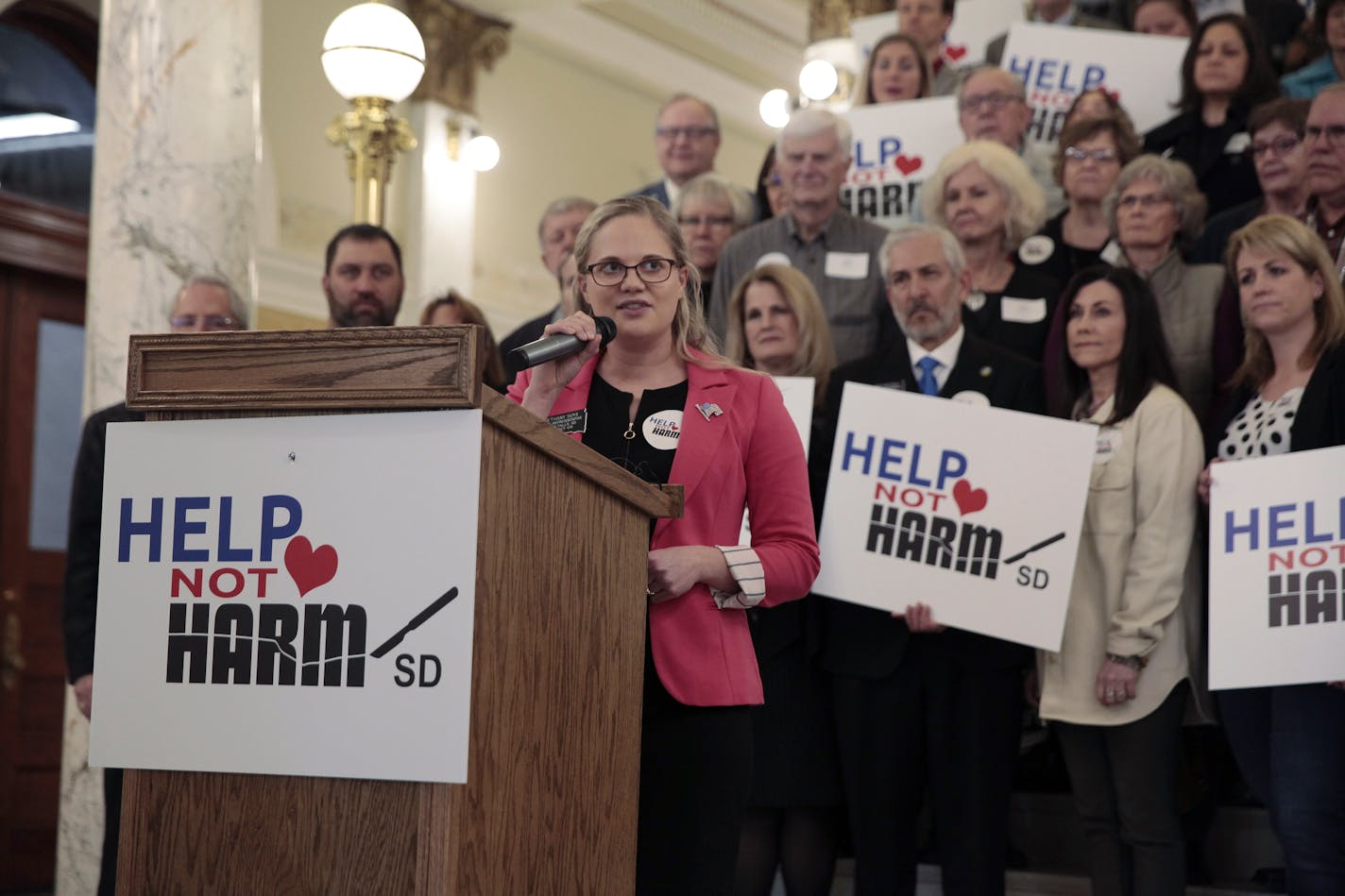 South Dakota Republican Rep. Bethany Soye speaks Tuesday, Jan. 17, 2023 during a news conference at the state Capitol in Pierre, S.D. She is pushing a bill to outlaw gender-affirming health care for transgender youth. (AP Photo/Stephen Groves)