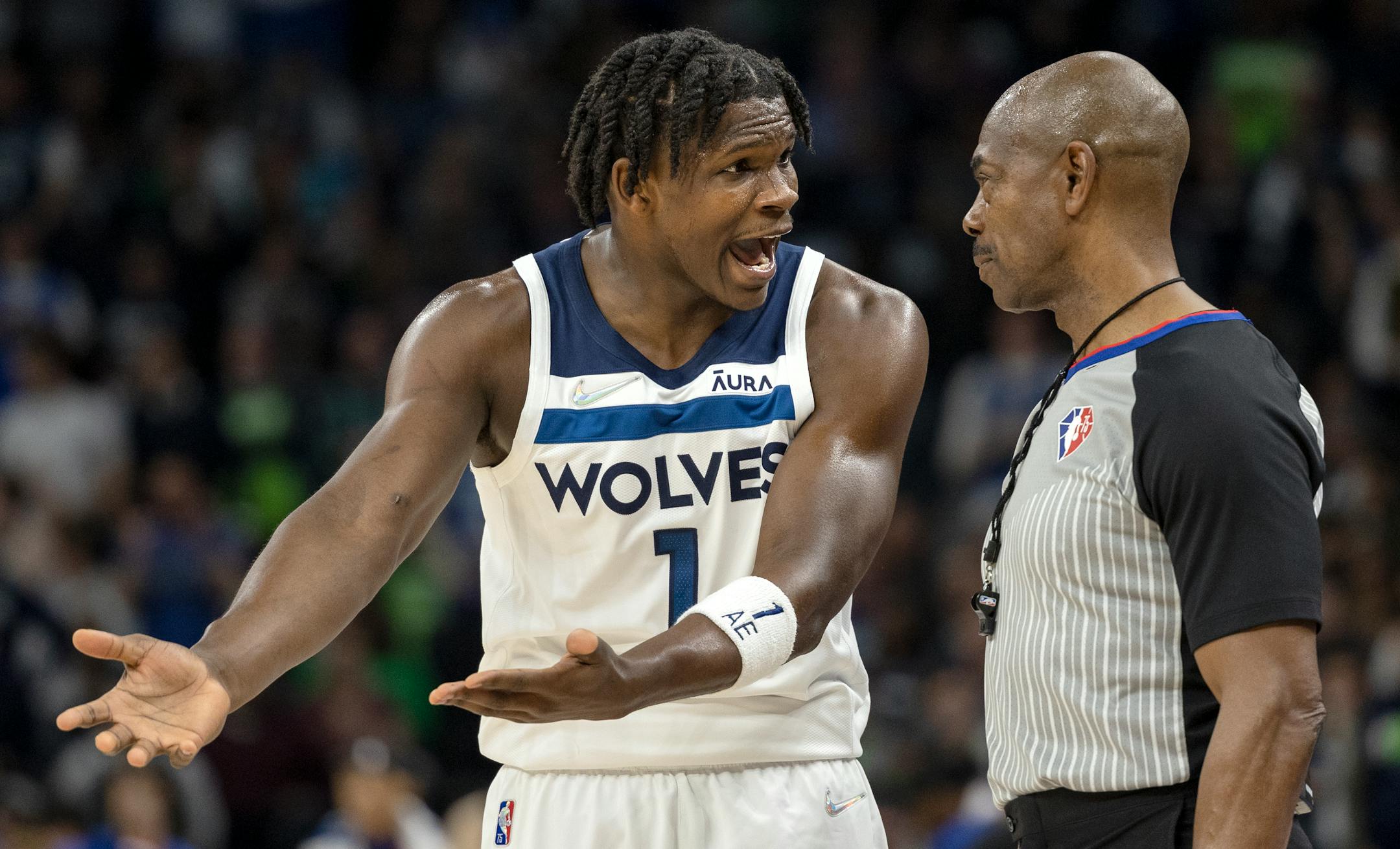 Anthony Edwards (1) of the Minnesota Timberwolves disputes being called for a foul in the second quarter.