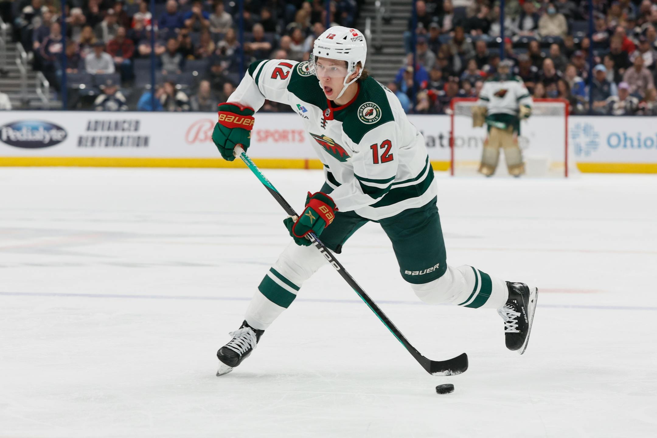 Minnesota Wild's Matt Boldy plays against the Columbus Blue Jackets during an NHL hockey game on Thursday, Feb. 23, 2023, in Columbus, Ohio. (AP Photo/Jay LaPrete)