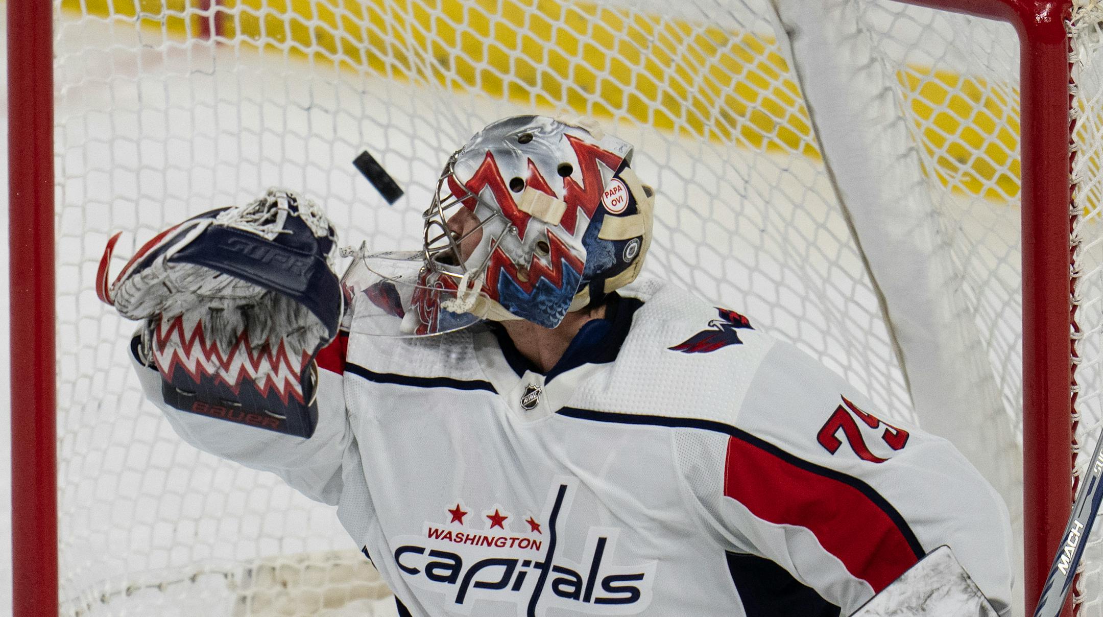 Washington Capitals goaltender Charlie Lindgren (79) watched the puck as Minnesota Wild right wing Brandon Duhaime (21) scored in the third period Sunday ,March,19,2023 in St.Paul, Minn.] JERRY HOLT • jerry.holt@startribune.come