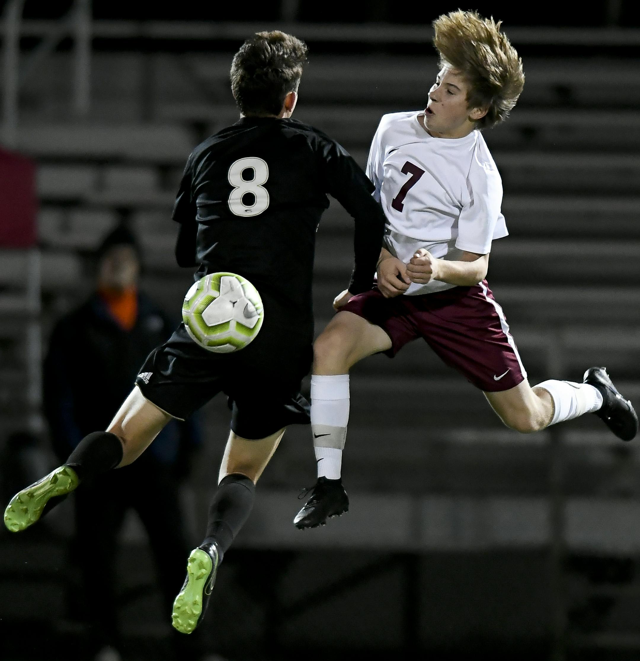 East Ridge's Adrian Lagravere (8) and Lakeville South's Calvin Keith (7) battled for the ball Wednesday night in the second half. ] Aaron Lavinsky • aaron.lavinsky@startribune.com East Ridge played Lakeville South in a Class 2A State Tournament quarterfinal game on Wednesday, Oct. 23, 2019 at North St. Paul High School.