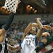 San Antonio Spurs forward David West (30) blocked a shot attempt by Minnesota Timberwolves guard Andrew Wiggins (22) at Target Center Tuesday March 8,