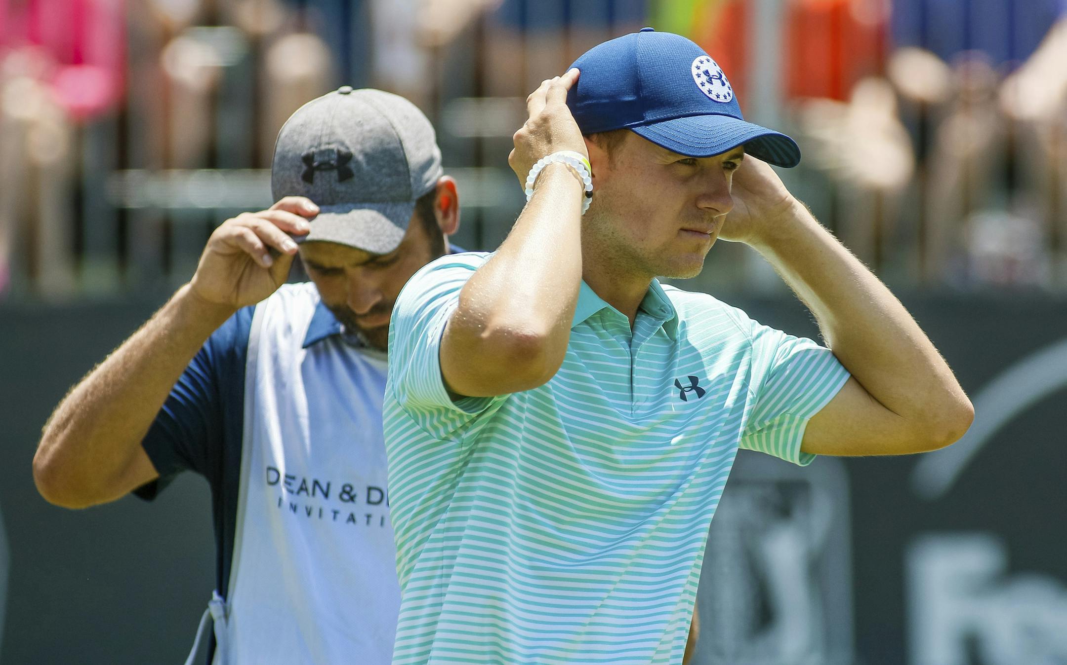 Jordan Spieth walks off the ninth green during the second round of the Dean & DeLuca Invitational golf tournament at Colonial Country Club in Fort Worth, Texas, Friday, May 26, 2017. (Ray Carlin/Star-Telegram via AP)