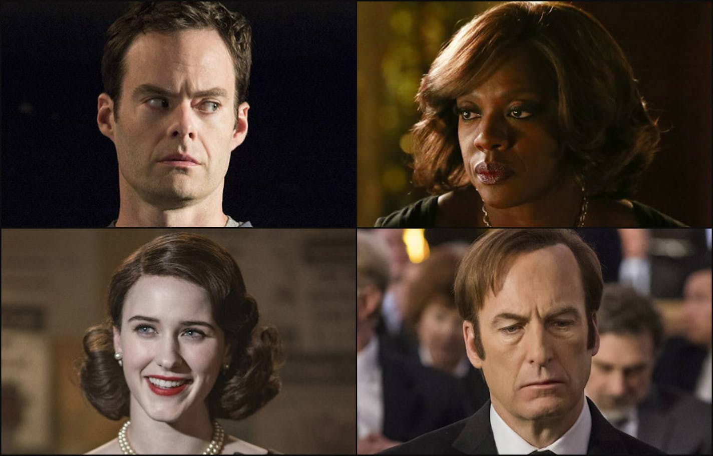 Clockwise from top left: Bill Hader in "Barry," photo: Michele K. Short/HBO; Viola Davis in "How to Get Away With Murder," Mitchell Haaseth/ABC via AP; Bob Odenkirk in "Better Call Saul," Nicole Wilder/AMC/Sony Pictures Television; Rachel Brosnahan in "The Marvelous Mrs. Maisel," Amazon Studios.