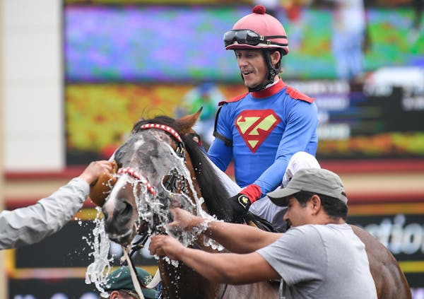 Jockey Quincy Hamilton watched as handlers put water onto the head of Blackhawk's Sis after they won the fourth race of the day Saturday at Canterbury