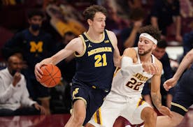 Michigan guard Franz Wagner drove to the basket as Minnesota guard Gabe Kalscheur defended in the second half Saturday.