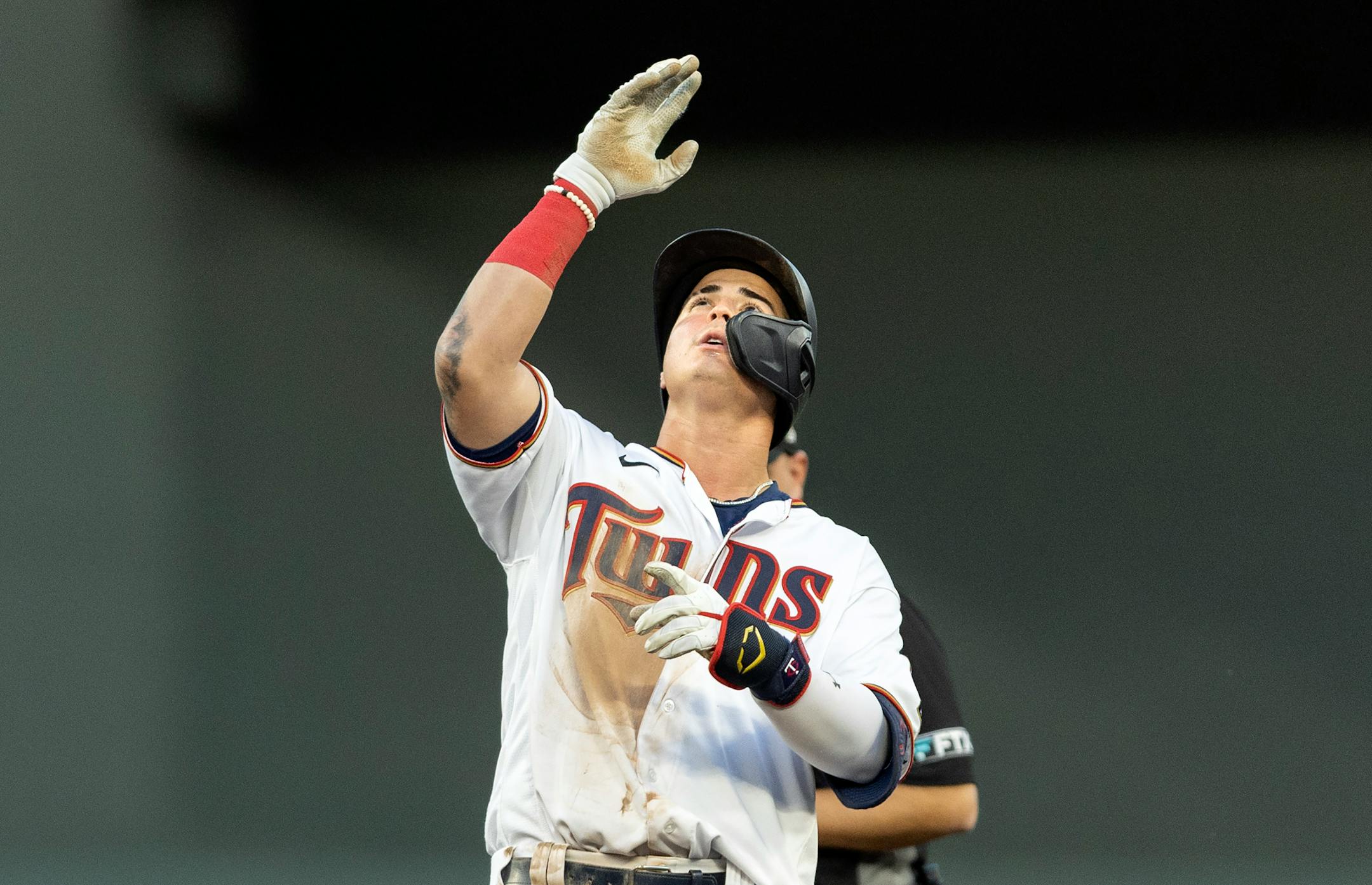 Jose Miranda of the Minnesota Twins celebrates a double in the third inning.