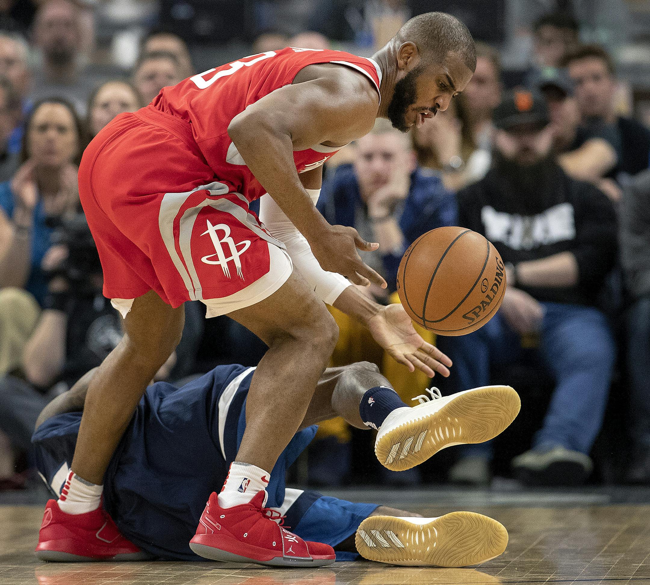 Houston Rockets' Chris Paul (3) steals the ball from the Minnesota Timberwolves' Jamal Crawford (11) in the fourth quarter in Game 4 of their series Monday, April 23, 2018 at the Target Center in Minneapolis, Minn. (Carlos Gonzalez/Minneapolis Star Tribune/TNS) ORG XMIT: 1230526
