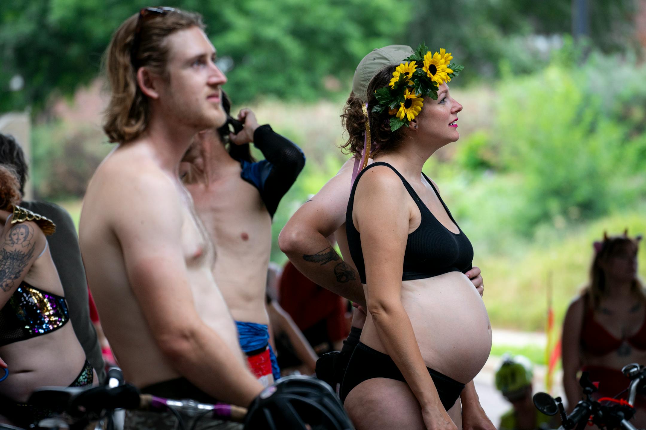 Bicyclists wait for the annual Freedom From Pants Ride to start.