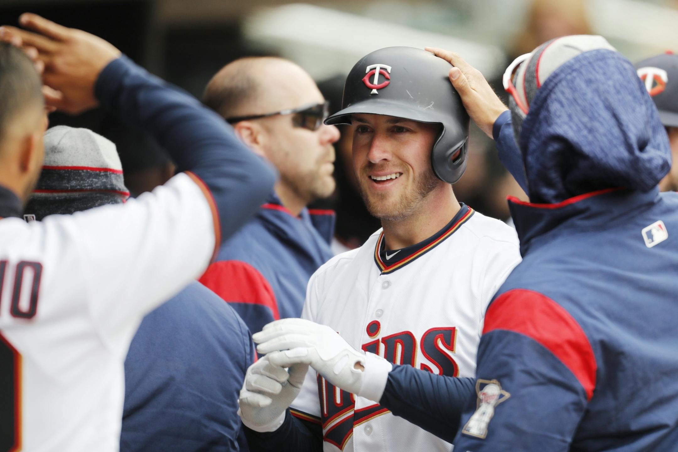 Minnesota Twins catcher Mitch Garver (23) celebrates hitting a home run in the 7th inning.
