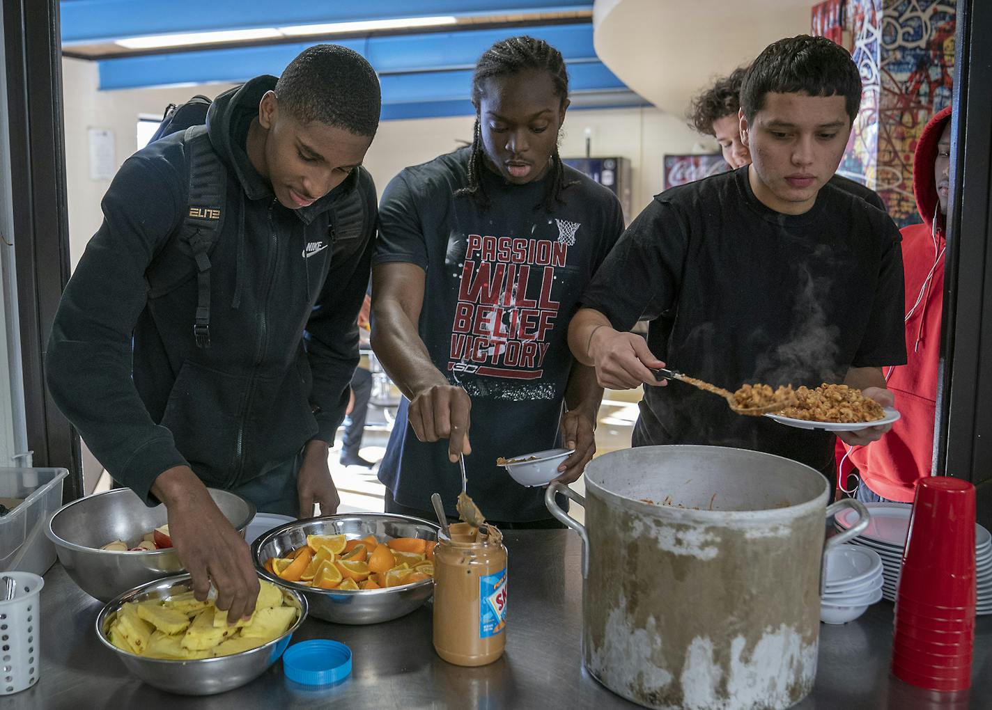 Minnesota Preparatory Academy students served themselves the lunch provided Wednesday, January 9, 2019 in Minneapolis, MN. The school is a newly-formed basketball-based prep school housed at Jerry Gambles Boys and Girls' Club in north Minneapolis. It was conceived to capitalize on a growing national trend of athletic-based prep schools that cater to the needs of kids who hope to have a basketball future past high school. The school was established using many of the players that led Brooklyn Cent