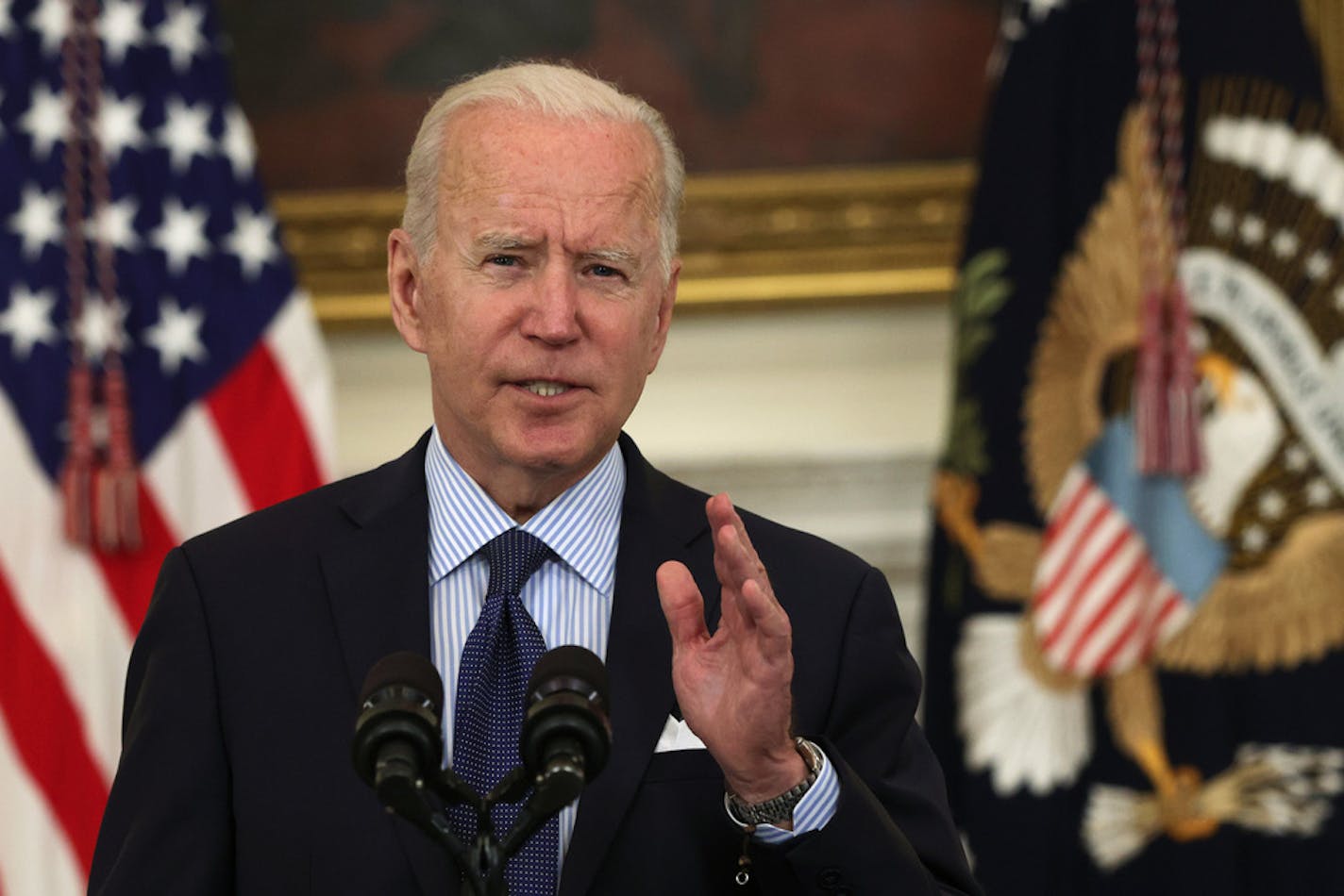 U.S. President Joe Biden delivers remarks on the COVID-19 response and the vaccination program during an event at the State Dining Room of the White House on May 4, 2021, in Washington, DC. President Biden set a new goal to have 70% of adult Americans with at least one shot and at least 160 Americans fully vaccinated by July 4th, 2021. (Alex Wong/Getty Images/TNS) ORG XMIT: 15484295W