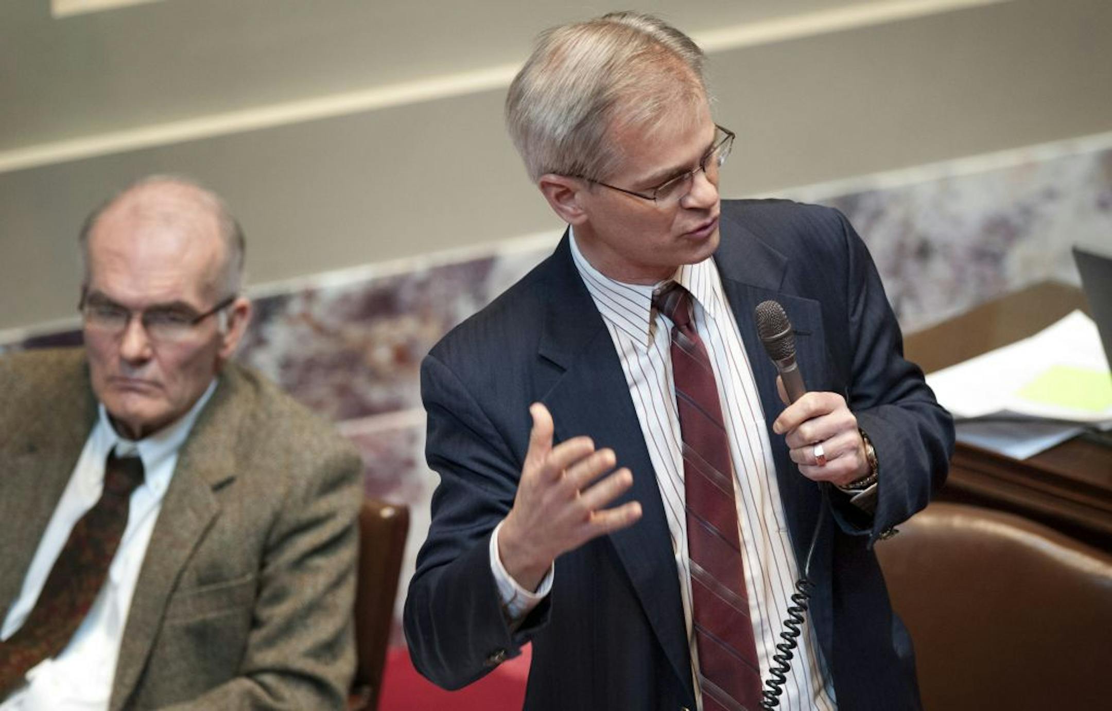 DFL Senator John Marty on the Senate floor Monday, February 27, 2012. Marty was pitted against longtime ally and buddy DFL Senator Mary Jo McGuire from redistricting.
