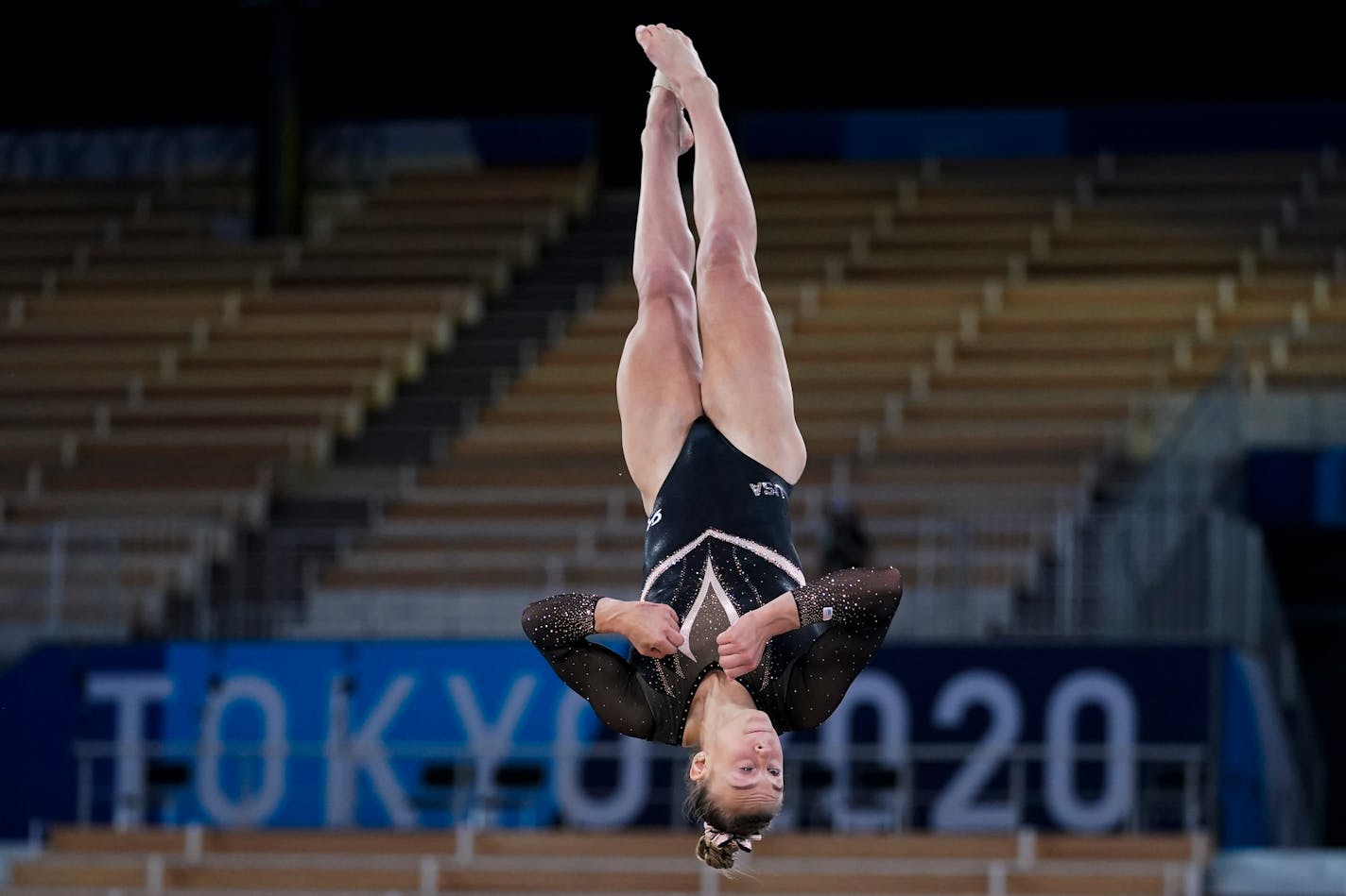 Grace McCallum of the United States trains on floor exercise for artistic gymnastics at Ariake Gymnastics Centre ahead of the 2020 Summer Olympics, Thursday, July 22, 2021, in Tokyo, Japan. (AP Photo/Ashley Landis)