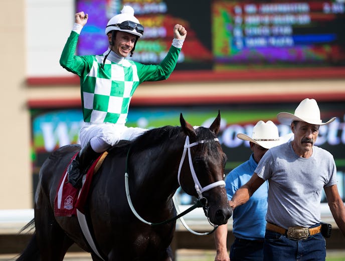 Leandro Goncalves celebrated Mr. Jagermeister win during Festival of Champions races at Canterbury Park Sunday September 1,2019 in Shakopee, MN.] Jerry Holt • Jerry.holt@startribune.com