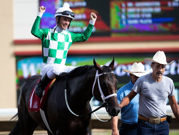 Leandro Goncalves celebrated Mr. Jagermeister win during Festival of Champions races at Canterbury Park Sunday September 1,2019 in Shakopee, MN.] Jerr