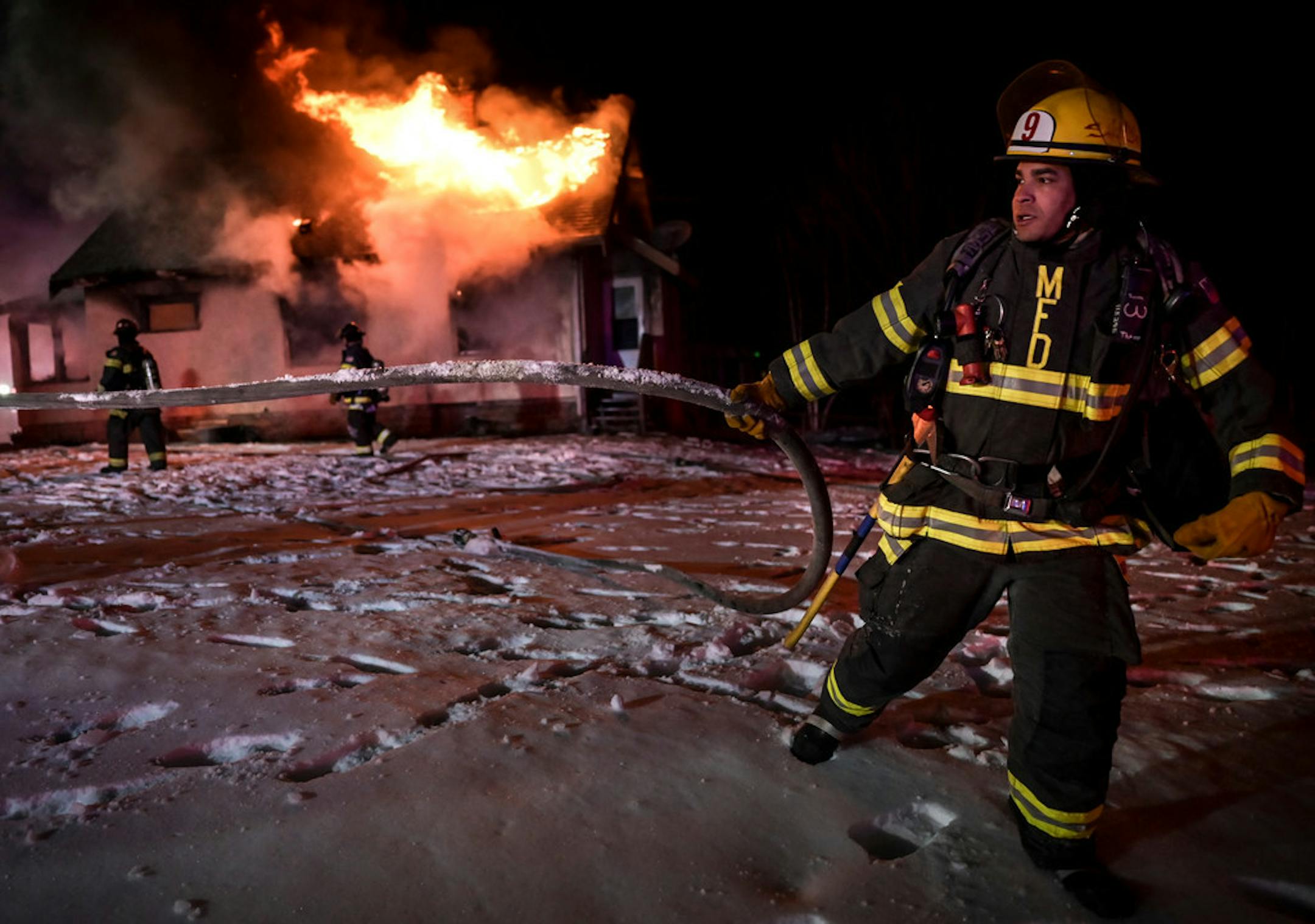Minneapolis firefighters battled two fully involved fires involving residential structures on Wednesday night: one on the 3600 block of N. Emerson Avenue and the other on the 4800 block of N. Lyndale Avenue.