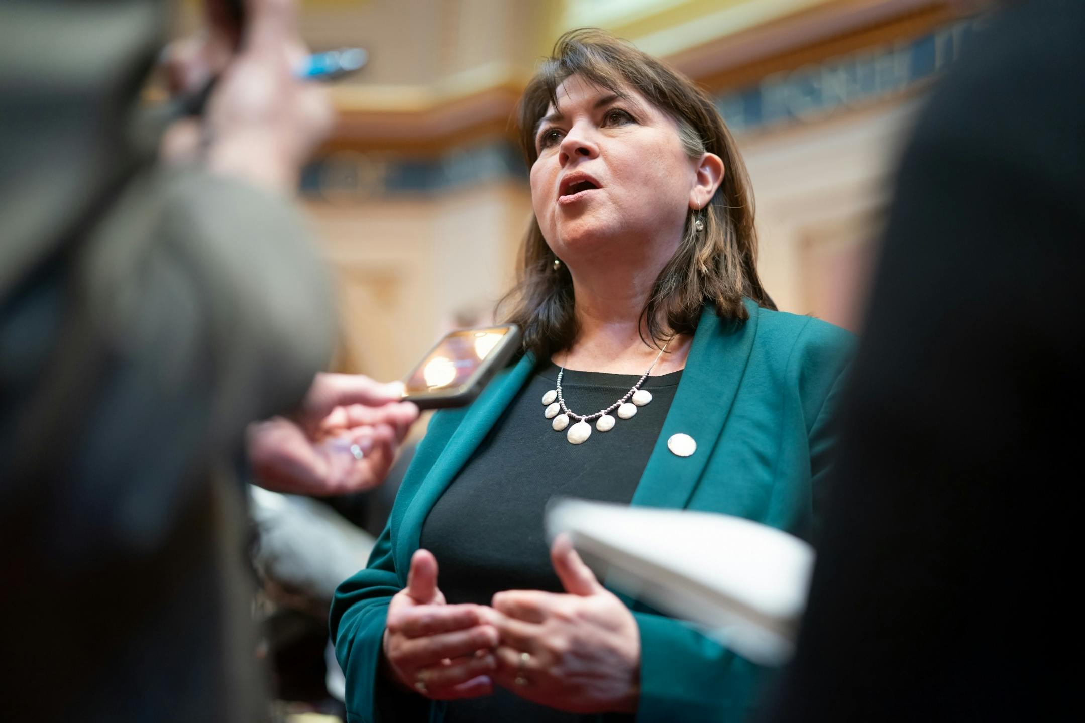New Senate Minority Leader Susan Kent, DFL-Woodbury, talked with reporters after the floor session.