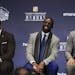 Randy Moss laughed at remarks by Brian Urlacher, right, while on the stage with the other members present for the presentation of this year's class of