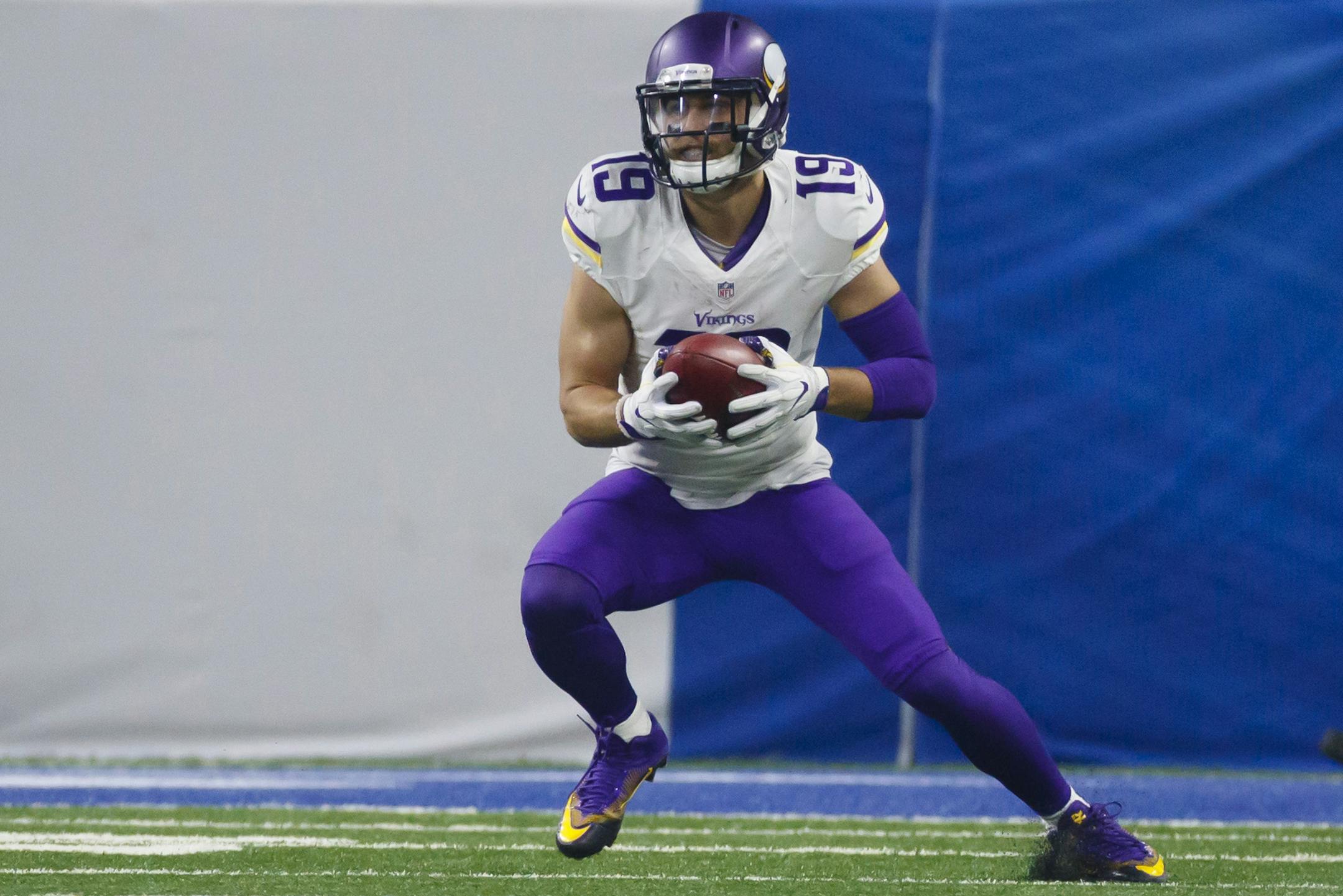 This Nov. 24, 2016 file photo shows Minnesota Vikings wide receiver Adam Thielen (19) running the ball against the Detroit Lions during an NFL football game in Detroit. Four years ago, Thielen was an NFL long shot, a feel-good story at Vikings training camp with his home-state team on the Minnesota State University campus where played in college. Now he&#xed;s an integral part of the offense, coming off a breakout season. (AP Photo/Rick Osentoski, file)