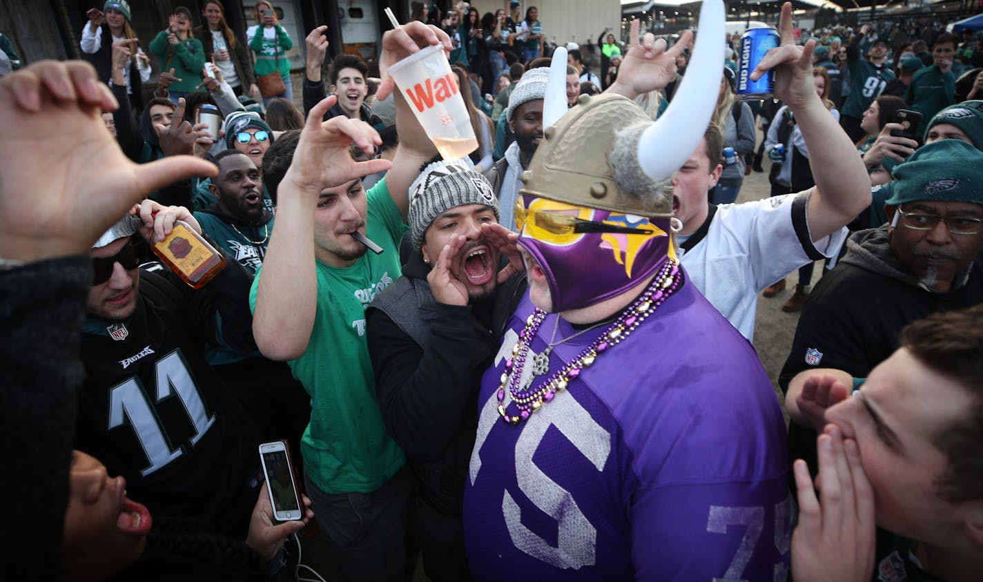 Vikings fan Andrew Grein of Edina, walked through a crowd of hostile Eagle fans before kickoff of the NFC Championship game at Lincoln Financial Field January 21, 2017 in Philadelphia, PA] JERRY HOLT &#xef; jerry.holt@startribune.com