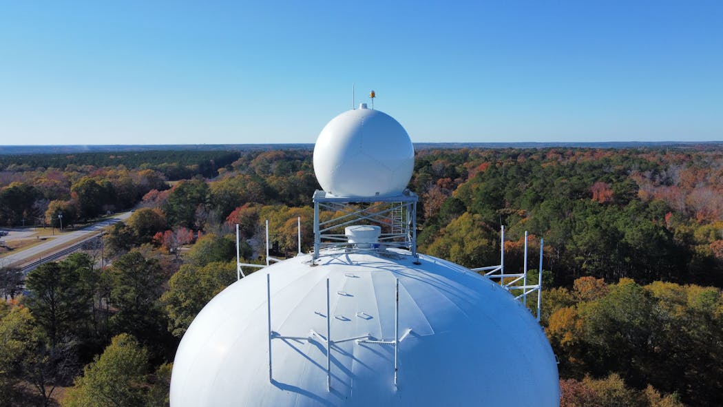 An X-band radar owned and operated by Kentucky-based Climavision is attached to a water tower in Georgia. A similar radar system is being installed this fall in Minnesota’s Grant County.
