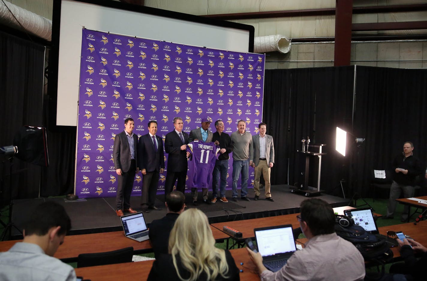 Vikings&#xed; first round draft pick Laquon Treadwell posed for a photo opportunity.] james.gehrz@startribune.com /Eden Prairie, MN / April 29, 2016 3:00 PM - BACKGROUND INFORMATION: Vikings' first-round pick, WR Laquon Treadwell, will be introduced at the Winter Park Fieldhouse.