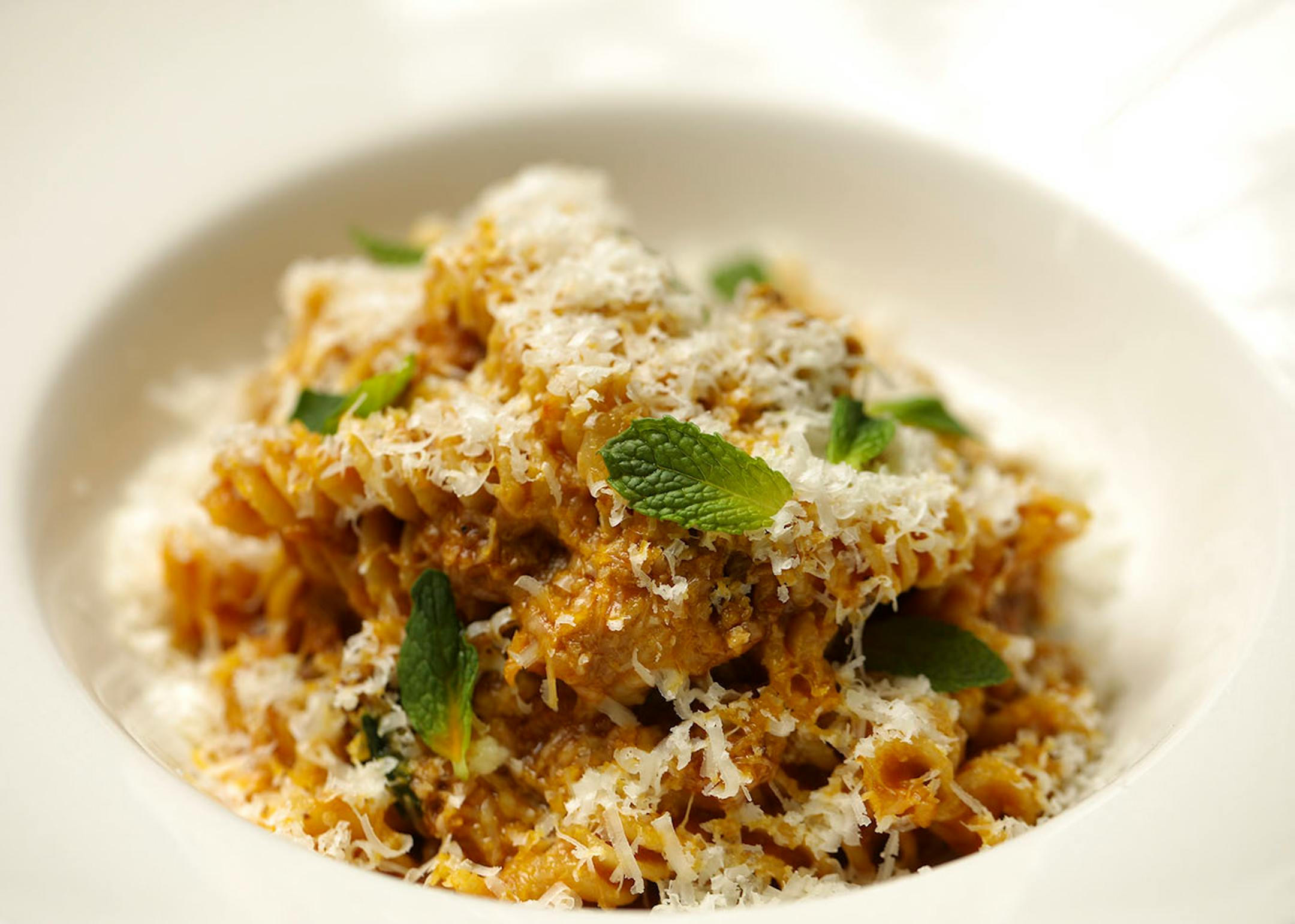 Braised lamb fusilli, with turmeric, mint, and pecorino, as prepared at Martina Wednesday evening.