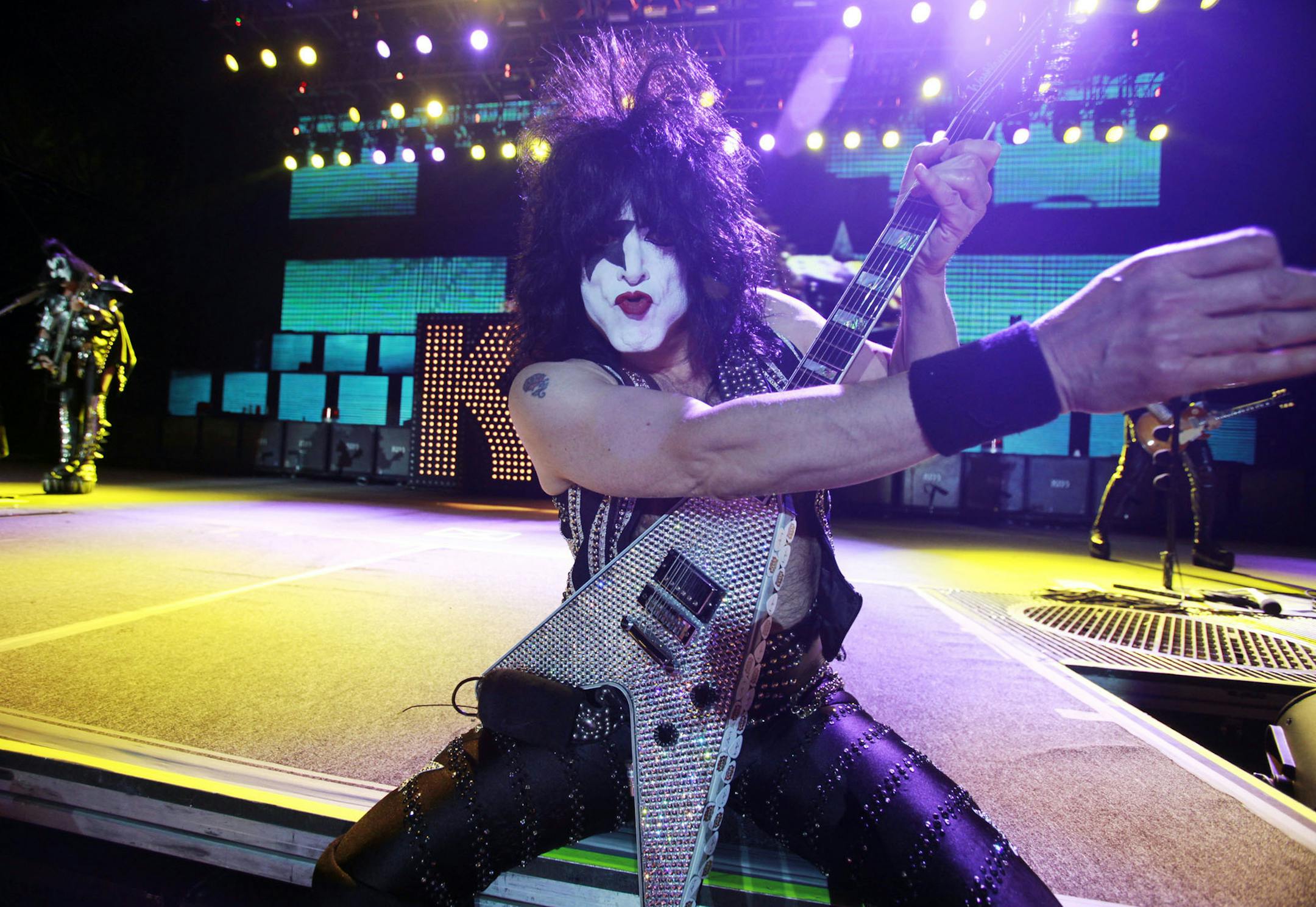 DAVID JOLES • djoles@startribune.com - St. Paul, MN - Sept 4, 2010- KISS headlined the Minnesota State Fair grandstand. In this photo] Original members Paul Stanley, front, and Gene Simmons, left.