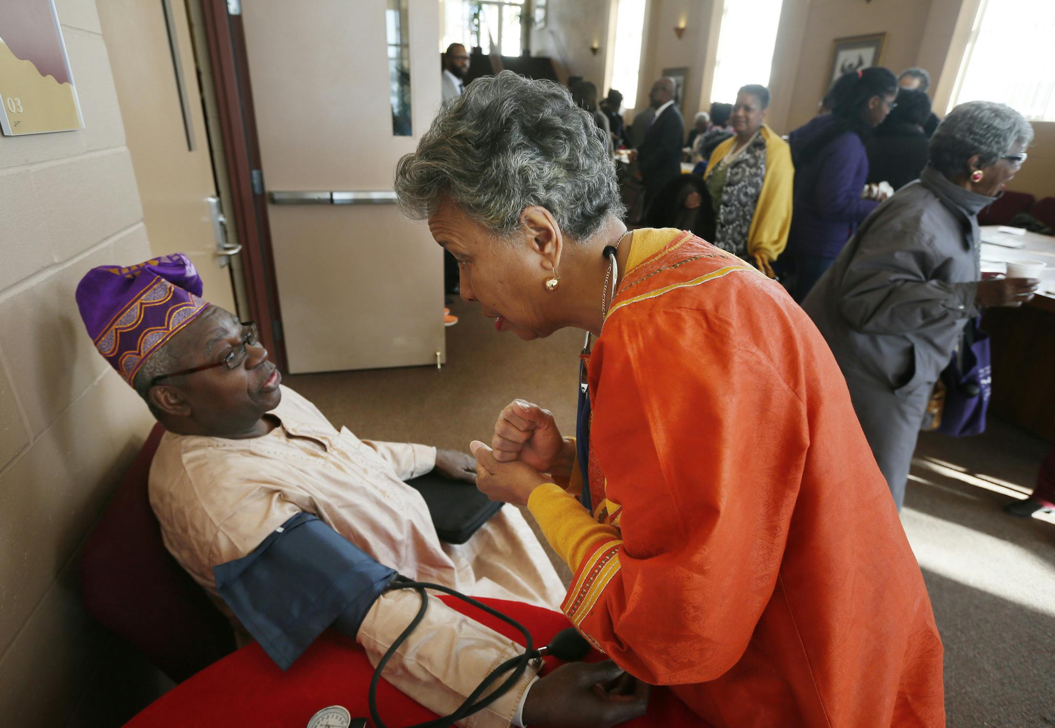 Beverly Propes a member of Fellowship Missionary Baptist Church spent Sunday Feb 9 , 2014 checking church member Abe Kuku blood pressure after morning services at the church in Minneapolis, MN. These days, she spends a lot of time preaching on how to prevent diabetes - a disease that affects a high number of African-Americans. ] JERRY HOLT ‚Ä¢ jerry.holt@startribune.com