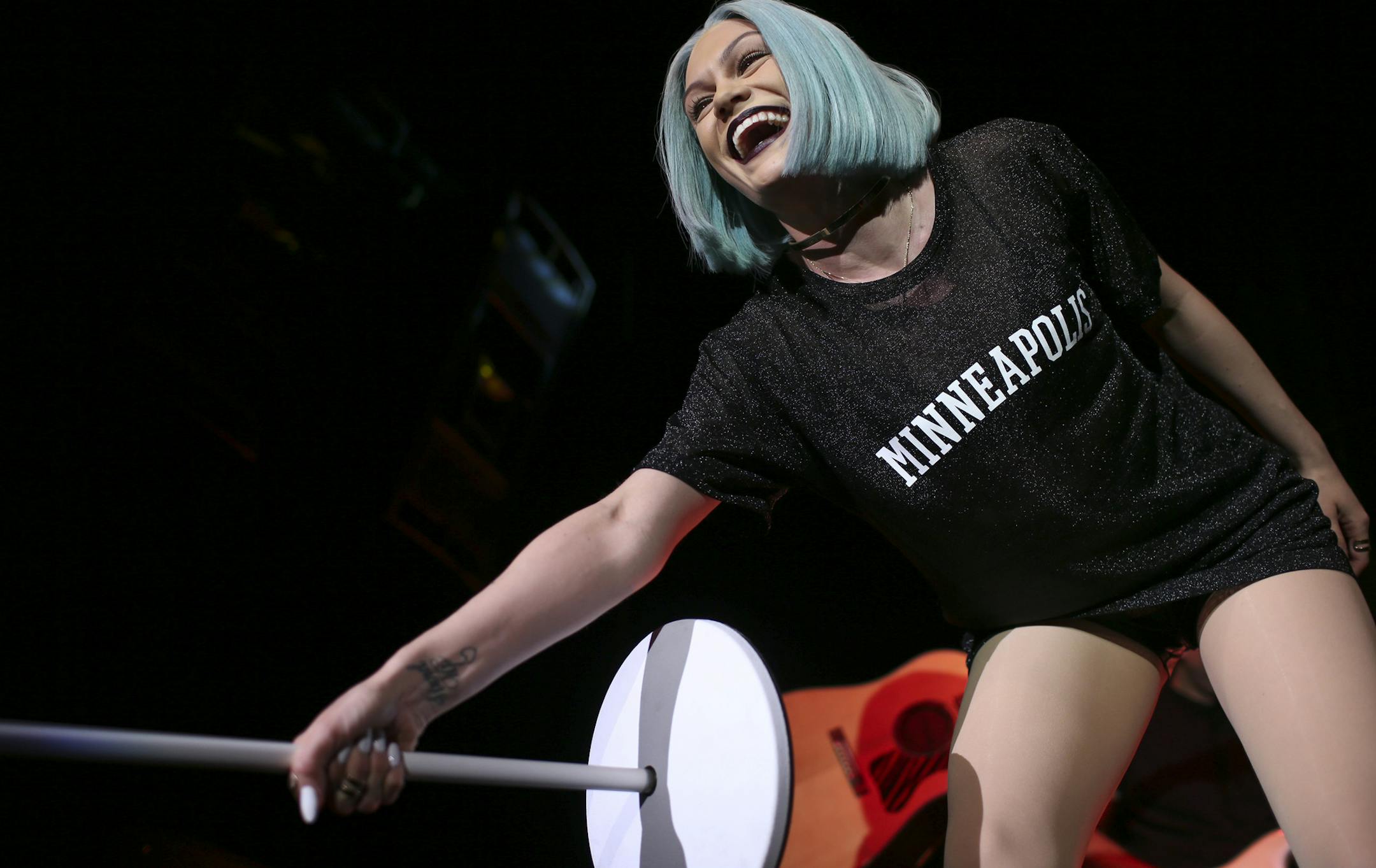 Jessie J held the mic for an audience member to sing along while performing at First Ave. Monday night. ] JEFF WHEELER ï jeff.wheeler@startribune.com British pop star Jessie J performed a sold out show at First Ave. Monday night, May 11, 2015 in Minneapolis.