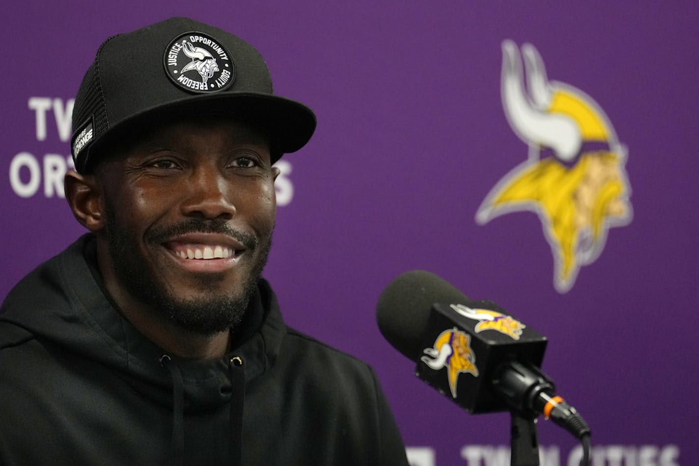 Minnesota Vikings general manager Kwesi Adofo-Mensah takes questions from reporters during an end of season press conference Wednesday, Jan. 18, 2023 at the TCO Performance Center in Eagan, Minn. ] ANTHONY SOUFFLE • anthony.souffle@startribune.com