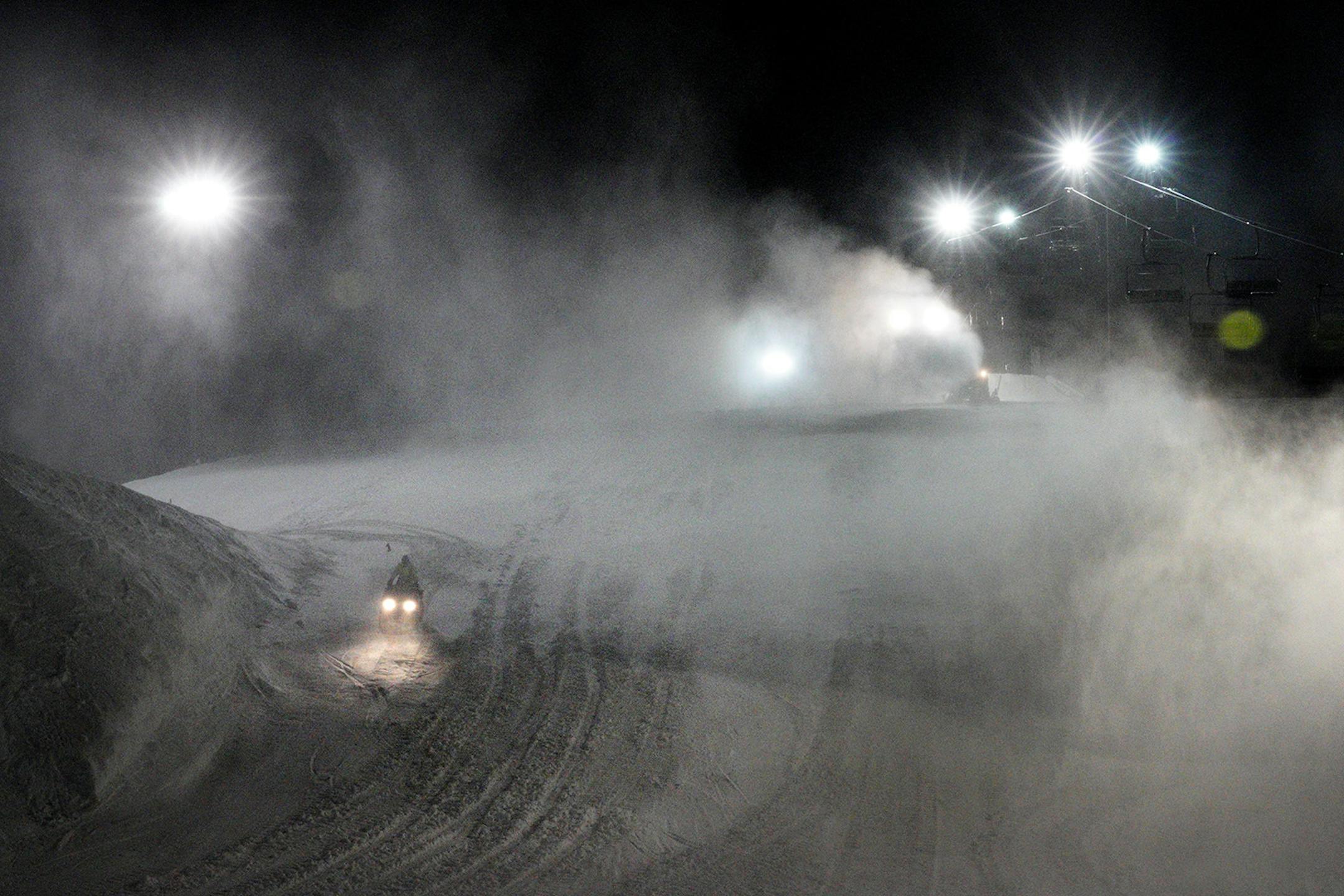 After the last skier had left the hill for the night, the crew at Hyland Hills Ski area in Bloomington got busy making more snow throughout the night. Here, Frank Blatnik heads down Big Moe on a 4 wheeler. ] brian.peterson@startribune.com Bloomington, MN Tuesday, January 7, 2020