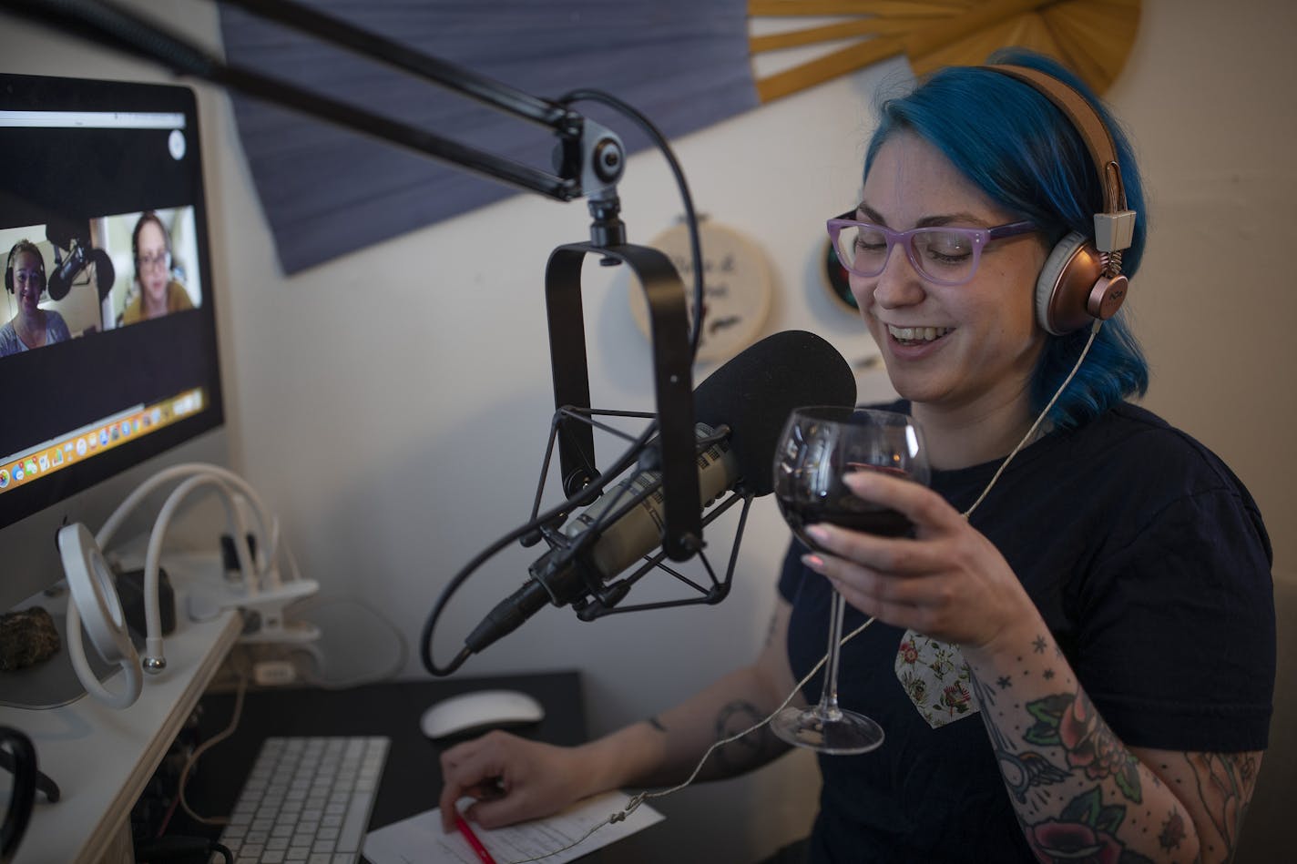 Amanda Jacobson skyped with her co-hosts Kenyon Laing, and Lucy Fitzgerald from her bedroom studio. The three women are host of "Wine and Crime," one of Minnesota's most popular podcasts.