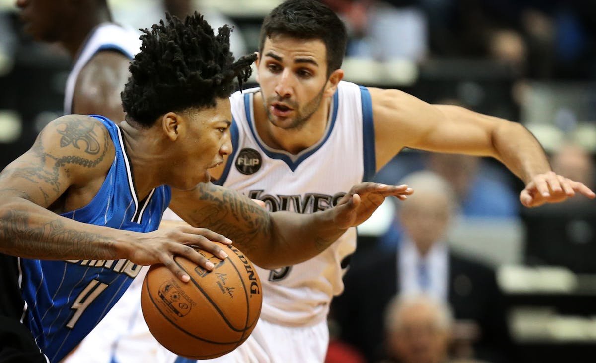 Orlando Magic guard Elfrid Payton (4) drove to the basket on Ricky Rubio in the second half at Target Center Monday December 1, 2015 in Minneapolis , 