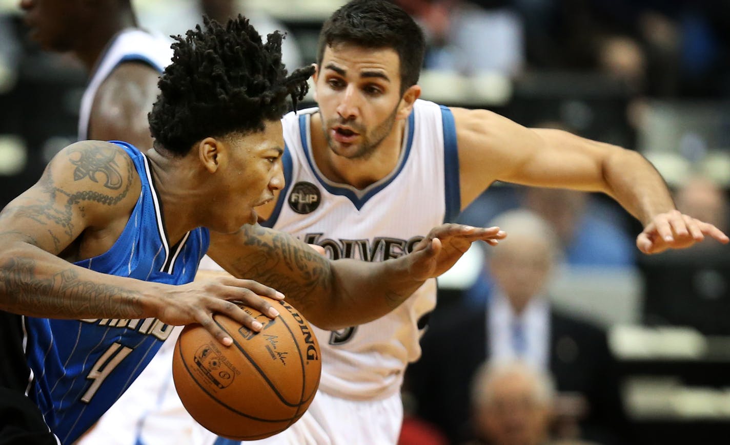 Orlando Magic guard Elfrid Payton (4) drove to the basket on Ricky Rubio in the second half at Target Center Monday December 1, 2015 in Minneapolis , MN.] The Orlando Magic beat the Minnesota Timberwolves 96-93 at Target Center. Jerry Holt /Jerry.Holt@Startribune.com