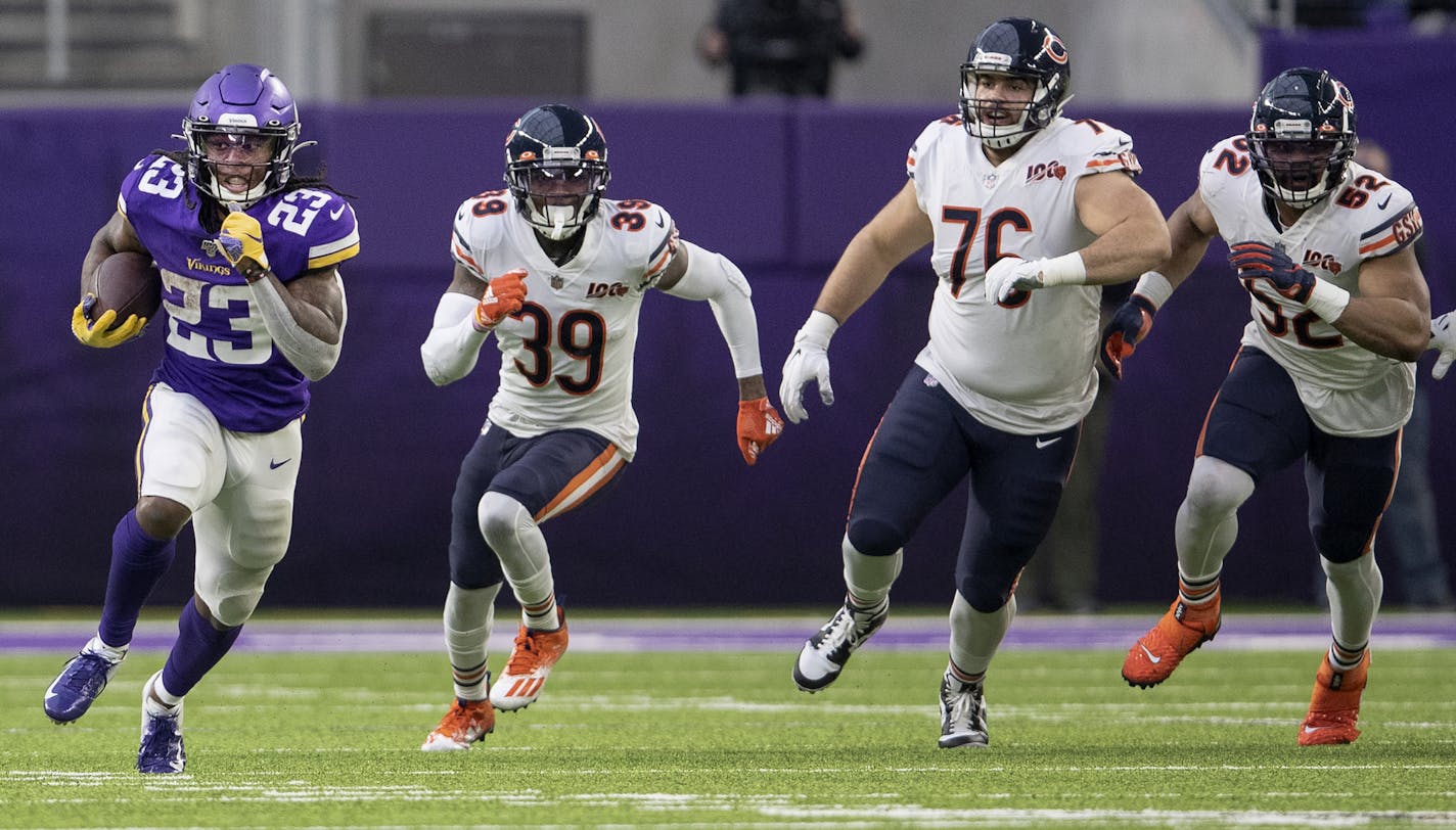 Minnesota Vikings running back Mike Boone (23) during a long run in the second quarter. ] CARLOS GONZALEZ &#x2022; cgonzalez@startribune.com &#x2013; Minneapolis, MN &#x2013; December 29, 2019, U.S. Bank Stadium, NFL, Minnesota Vikings vs. Chicago Bears